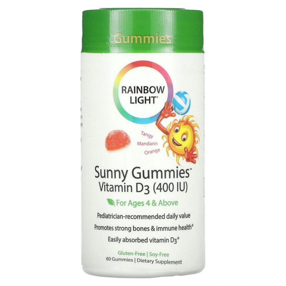 Rainbow Light, Sunny Gummies, витамин D3, терпкий мандарин и апельсин, для детей возрастом от 4 лет, 400 МЕ, 60 жевательных конфет Раинбов Лигхт RLT-12053