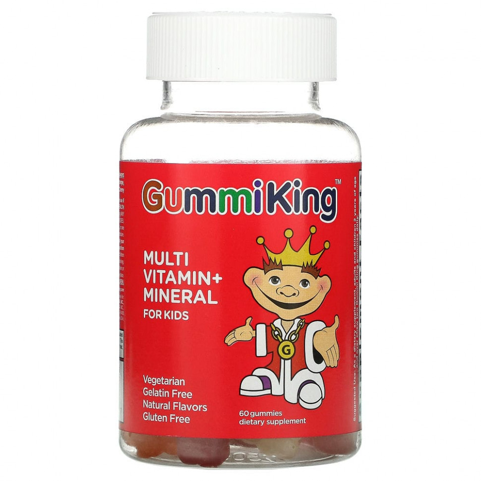 GummiKing, Мультивитамины и минералы для детей, виноград, лимон, апельсин, клубника и вишня, 60 жевательных таблеток Гумми Кинг GUM-00108
