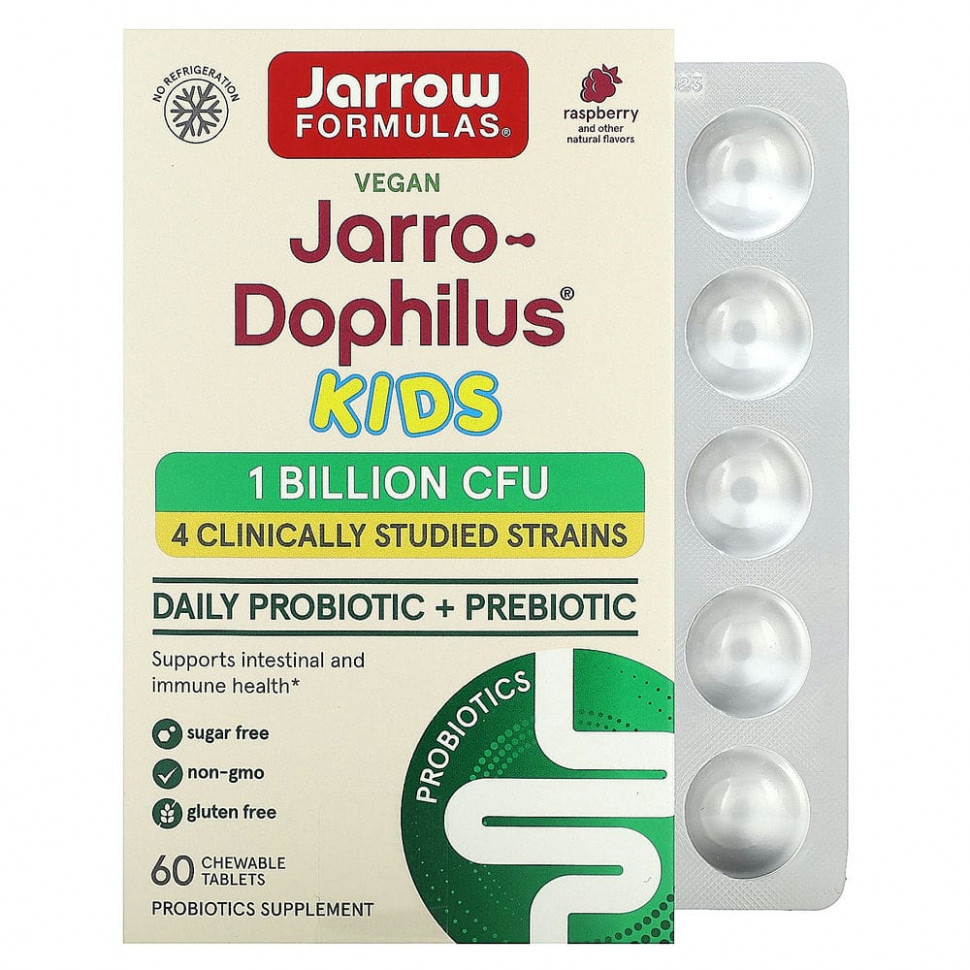 Jarrow Formulas, Jarro-Dophilus Kids, пробиотик + пребиотик, без сахара, натуральный малиновый вкус, 1 миллиард живых бактерий, 60 жевательных таблеток джэрроу формулас JRW-03069