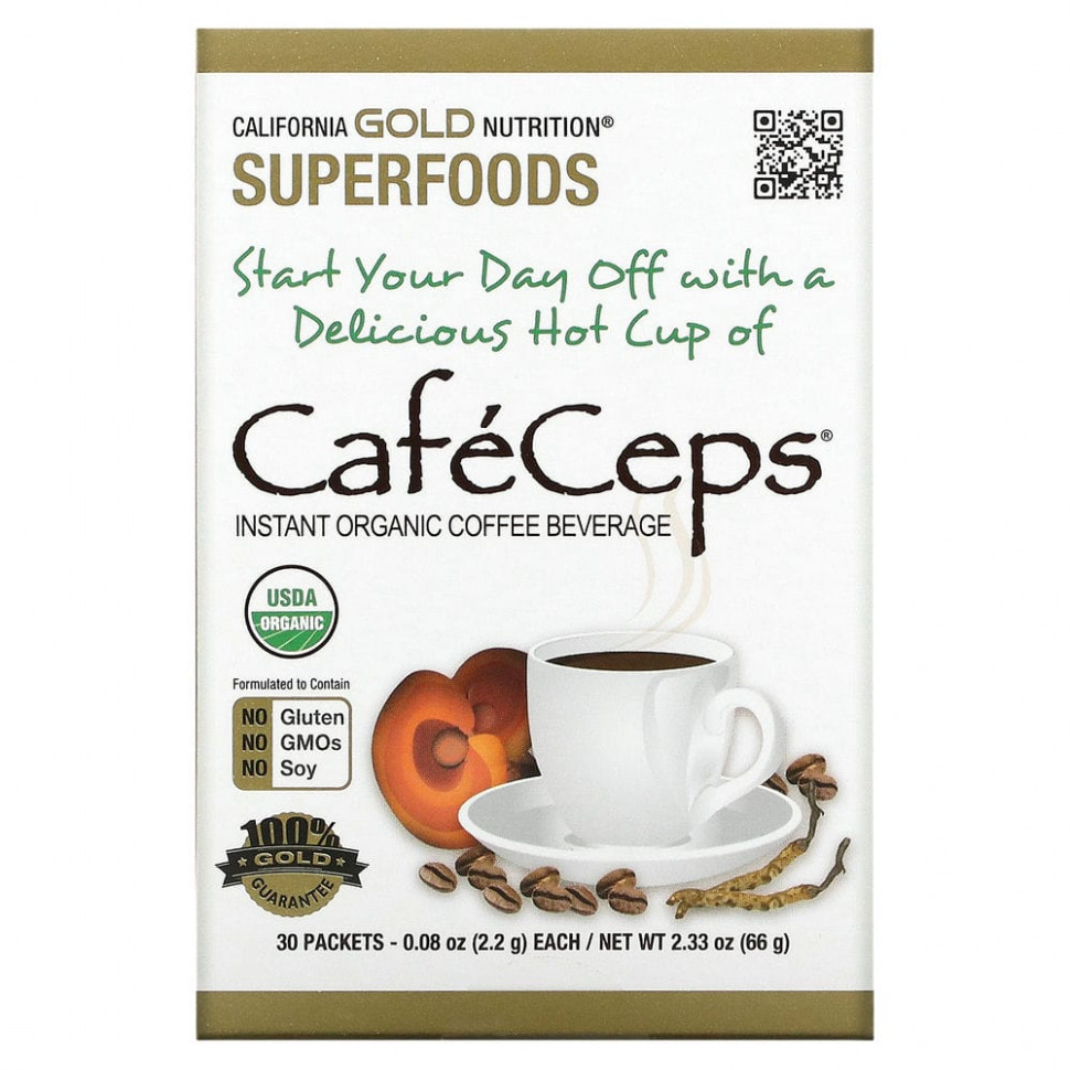 California Gold Nutrition, SUPERFOODS, Caf?Ceps, органический растворимый кофе с кордицепсом и рейши, 30 пакетиков по 2,2 г (0,08 унции) CGN-01240