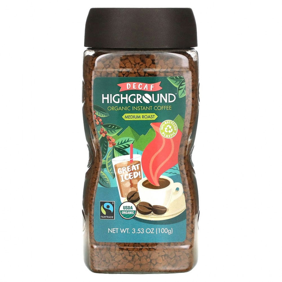 Highground Coffee, Органический растворимый кофе, средней обжарки, без кофеина, 100 г (3,53 унции) Хайграунд Кофе HGR-01091