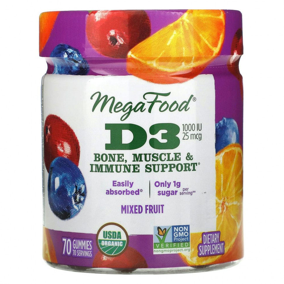 MegaFood, Смесь фруктов с витамином D3, 1000 МЕ (25 мкг), 70 жевательных таблеток Мегафудс MGF-10412