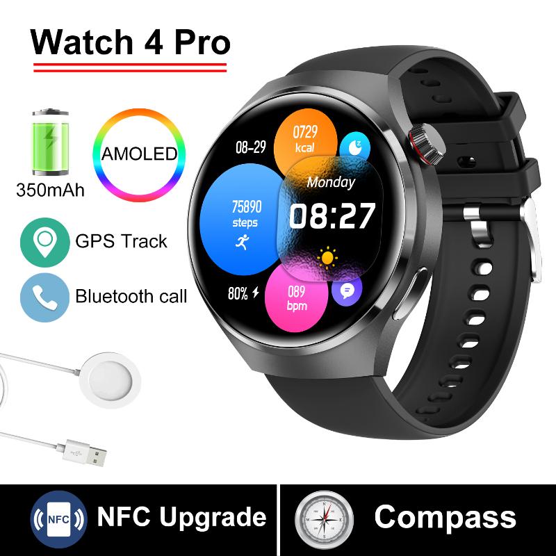 2025 Новые умные часы WATCH 4 Pro Health для мужчин, экран 360*360 AMOLED, NFC, GPS-трекер, компас, BT, датчик кислорода в крови, IP68, спортивные умные часы Silicone belt чёрный Carrefour online