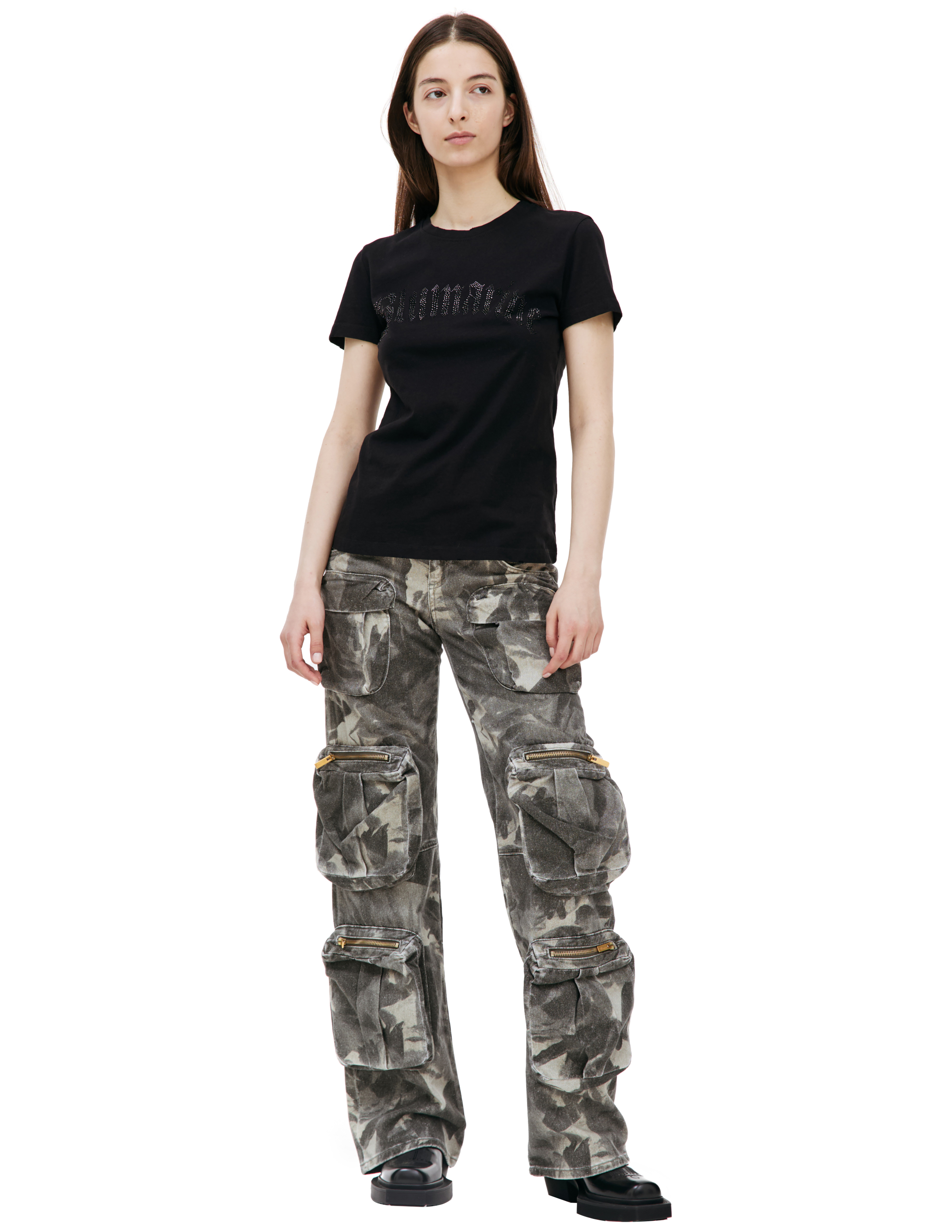 Черная футболка с логотипом из страз Blumarine P32/2T025A/N0990