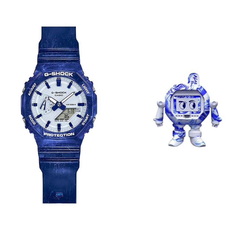 Мужские часы CASIO Серия с двойным жидкокристаллическим/аналоговым дисплеем Синие часы GA-2100BWP-2APFQ Doll gift box blue