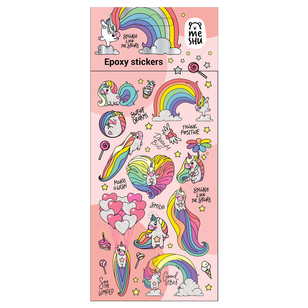 Наклейки гелевые MESHU "Rainbow unicorn", 10*23 см, пакет европодвес Meshu-MS_57667