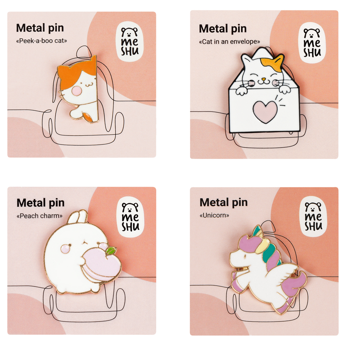 Набор металлических значков MESHU "Cute animals", эмаль, 4 шт Meshu-MS_53700