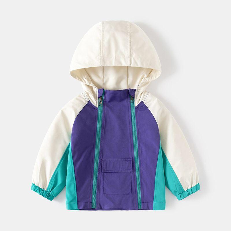 Children s Hooded Jacket Children s Clothing Spring and Autumn Boys  Color Matching Shell Jacket Double Zipper Tops Baby Boys  Thin Clothes Purple 90 cm white TAOMall