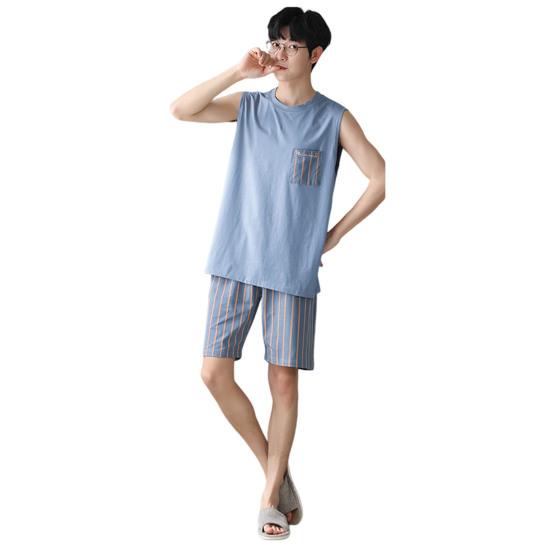 Men Pajamas Set Round Neck Sleeveless Loose Fit Soft Breathable Sleepwear Loungewear Pajamas XL синий PLUM LAI