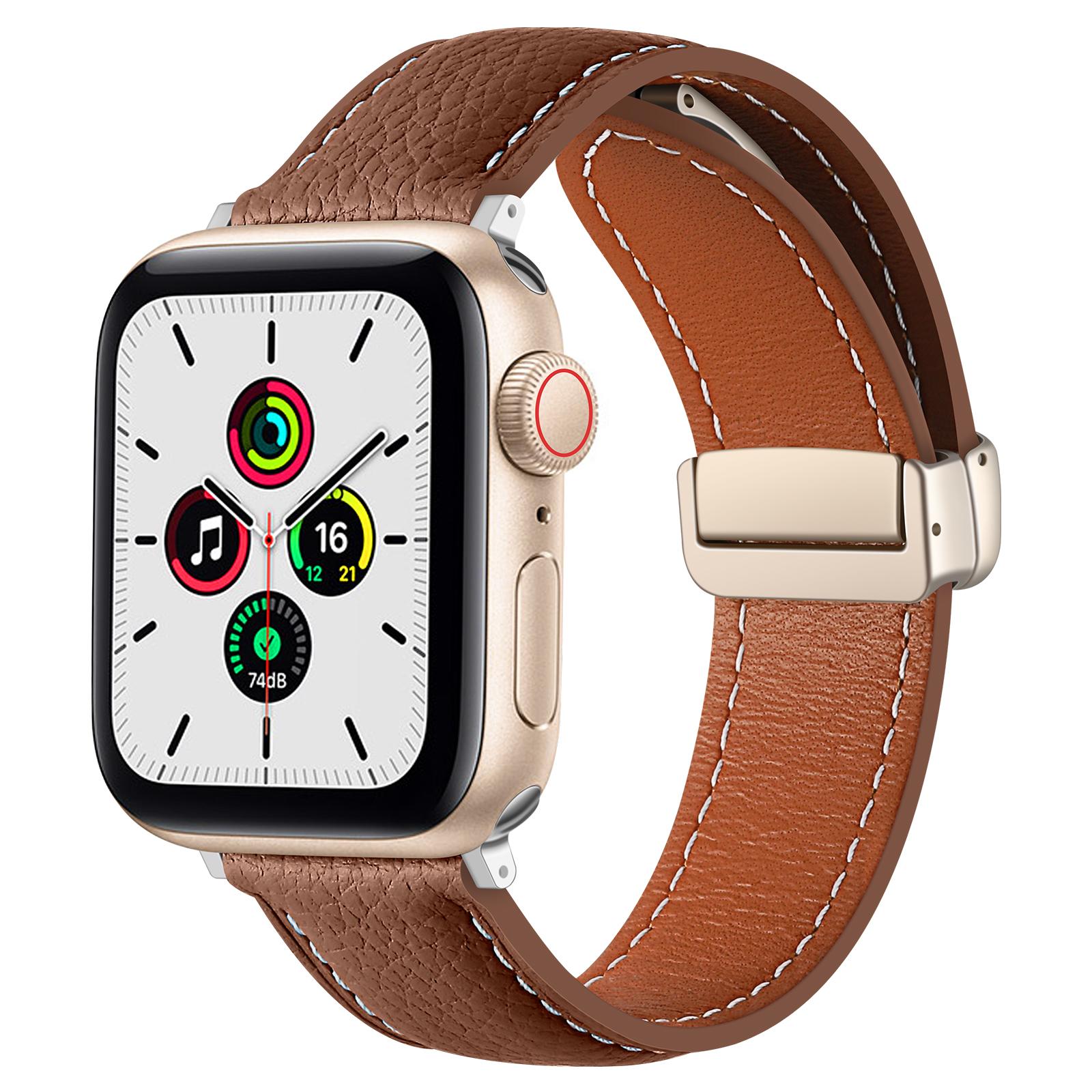 Кожаный ремешок с магнитной застежкой для Apple Watch 49мм 45мм 41мм 40мм 44мм 42мм 38мм Браслет iWatch Серии Ultra 9 8 7 6 5 3 SE Ремень For 38mm 40mm 41mm коричневый Freesh