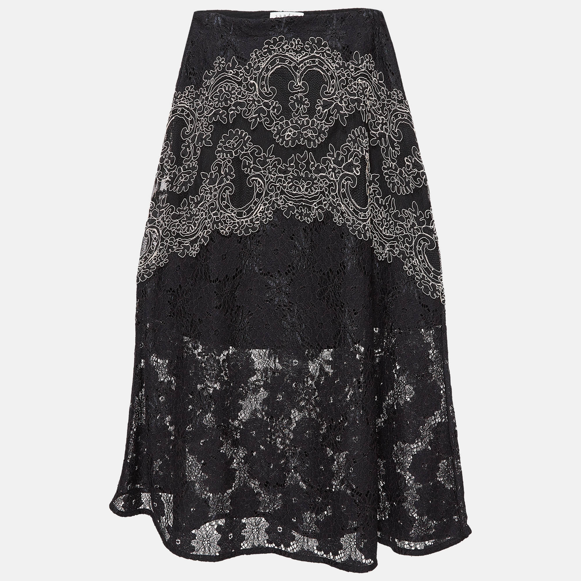 Sandro Black Lace Embroidered Midi Skirt M