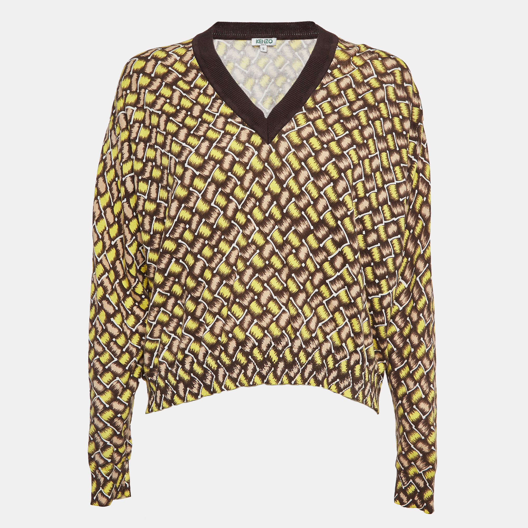 Kenzo Yellow Patterned Cotton Knit V-Neck Sweater S