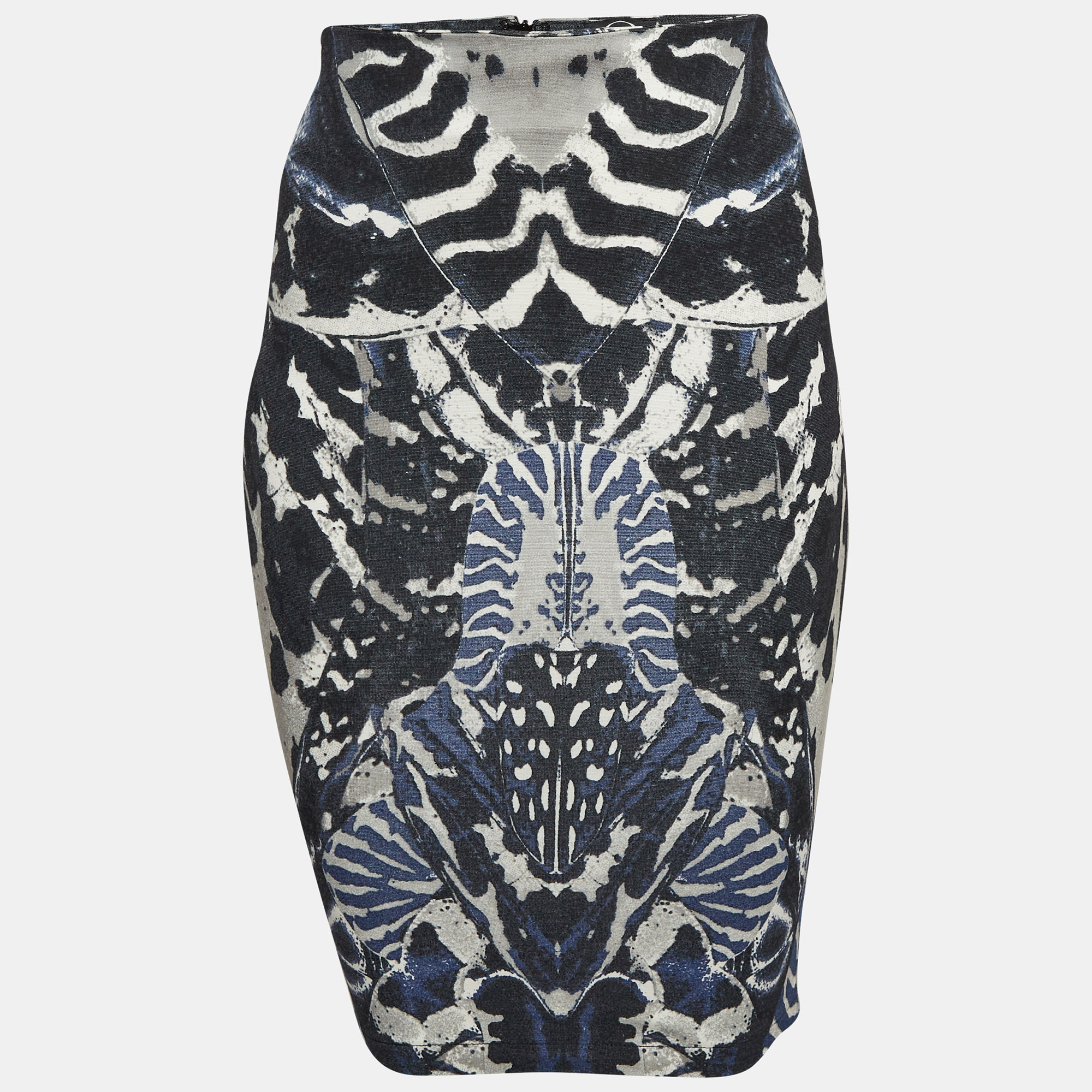 McQ by Alexander McQueen Blue Beetle Print Crepe Pencil Skirt XS