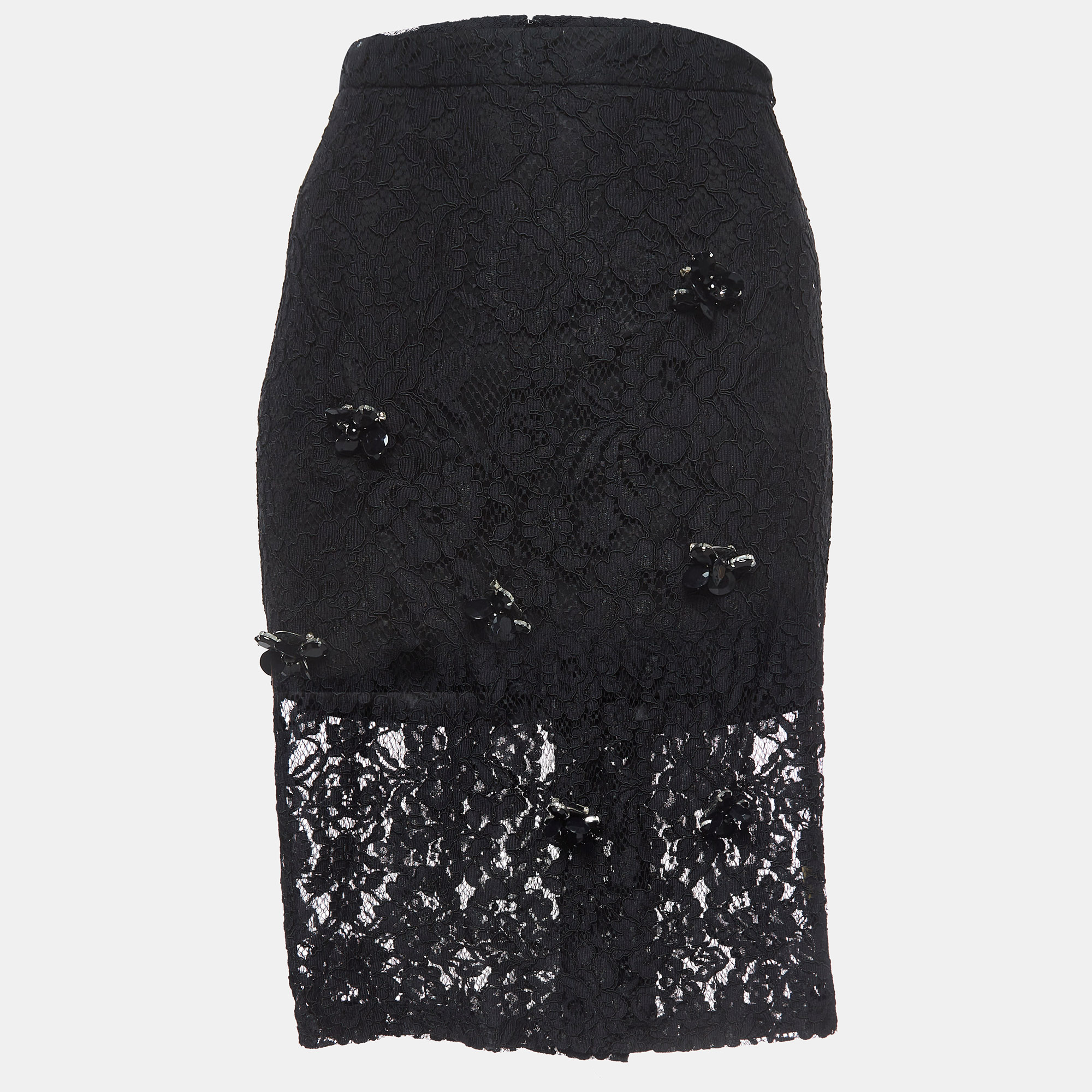 Alexis Black Brooch Embellished Lace Pencil Skirt M