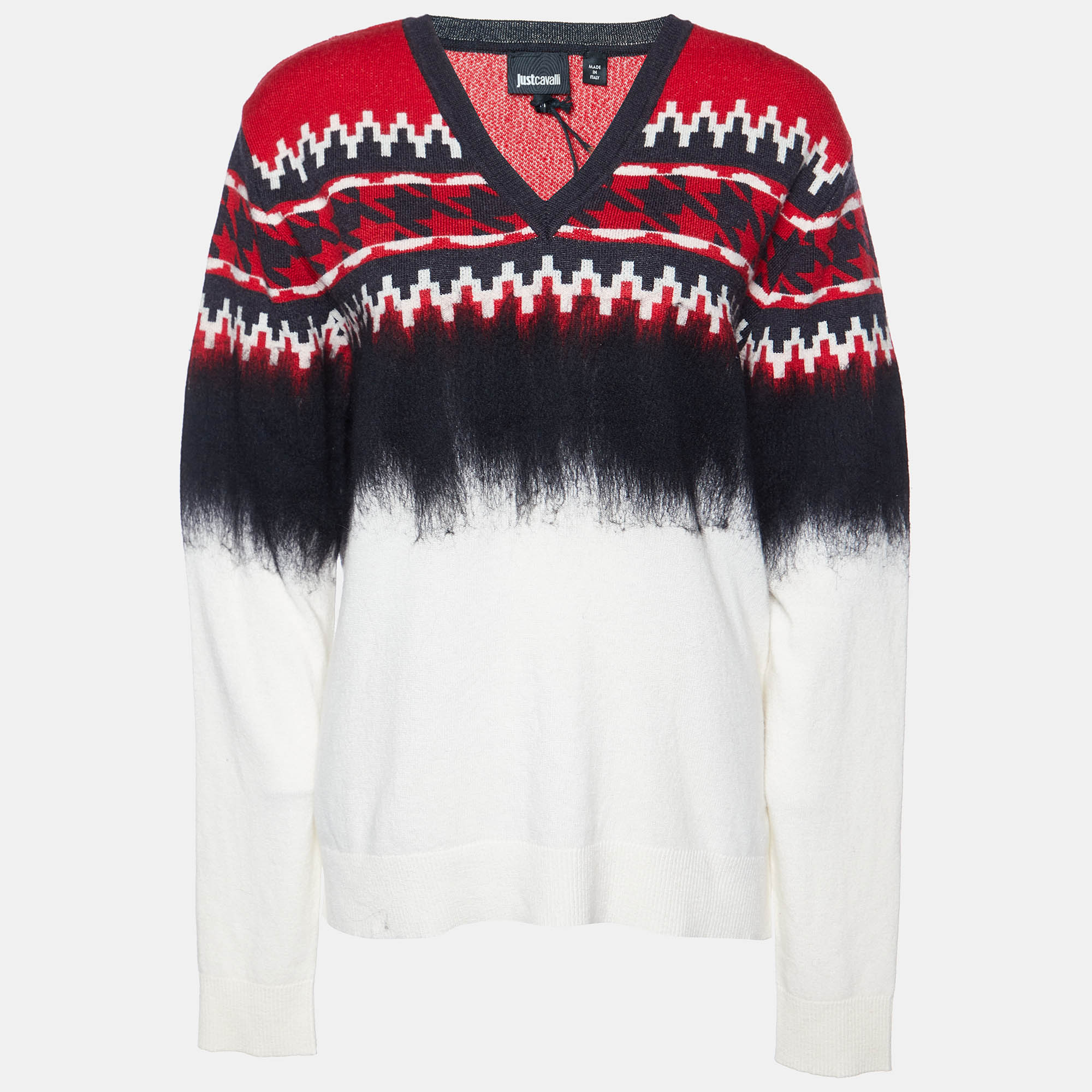 Just Cavalli Multicolor Patterned Wool and Silk V-Neck Sweater M