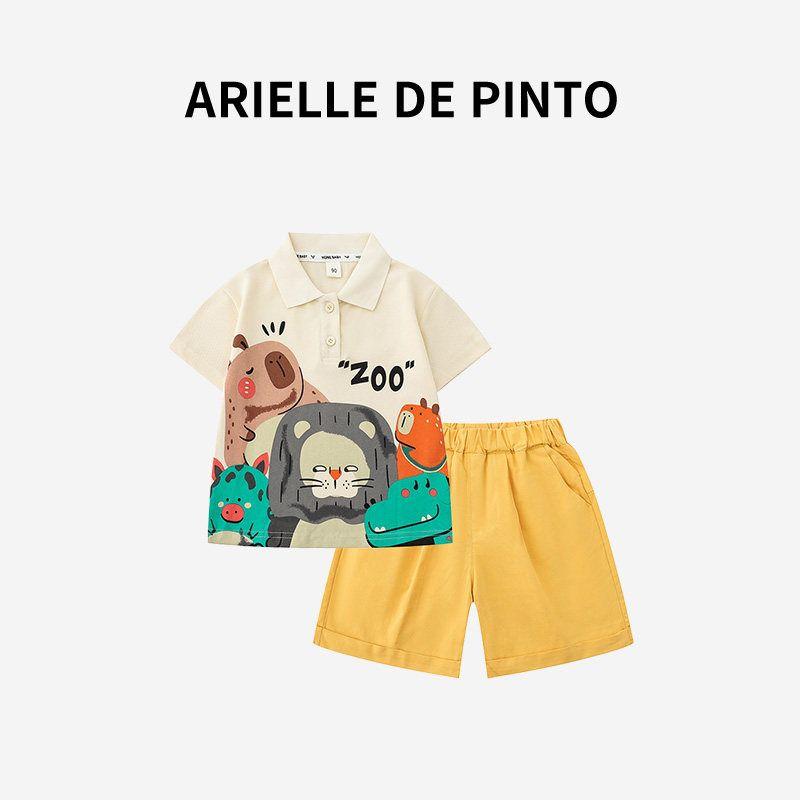 French Arielle De Pinto Boys  Summer Stylish Polo Collar Short-Sleeved Shorts Two-Piece Set Suit 90 beige TAOMall