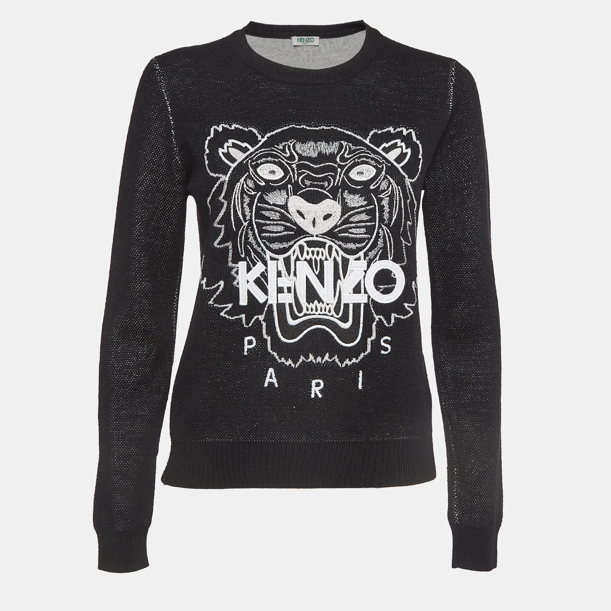Kenzo Black Tiger Logo Embroidered Wool Blend Crew Neck Sweater S
