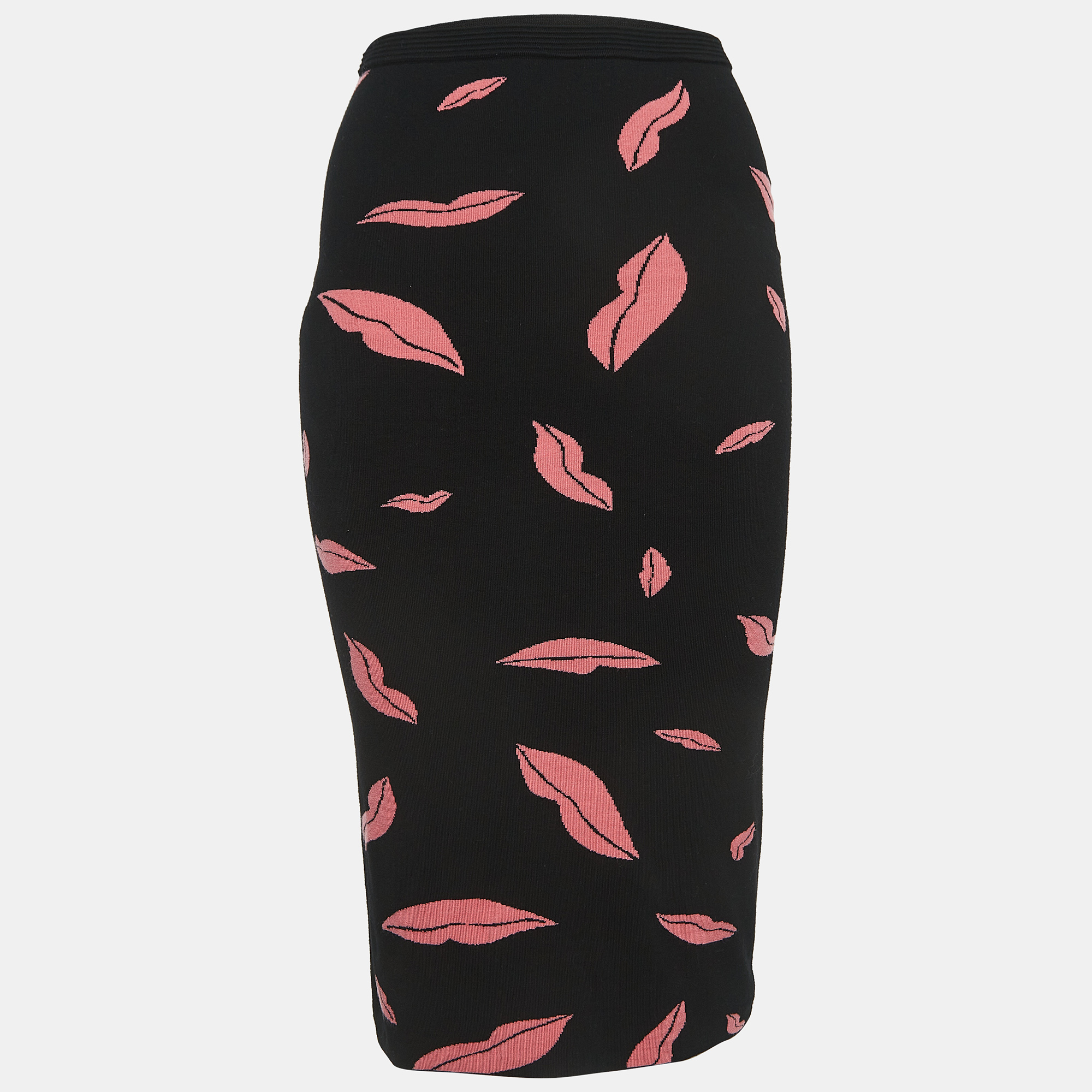Diane Von Furstenberg Black/Pink Lips Patterned Knit Pencil Skirt XS