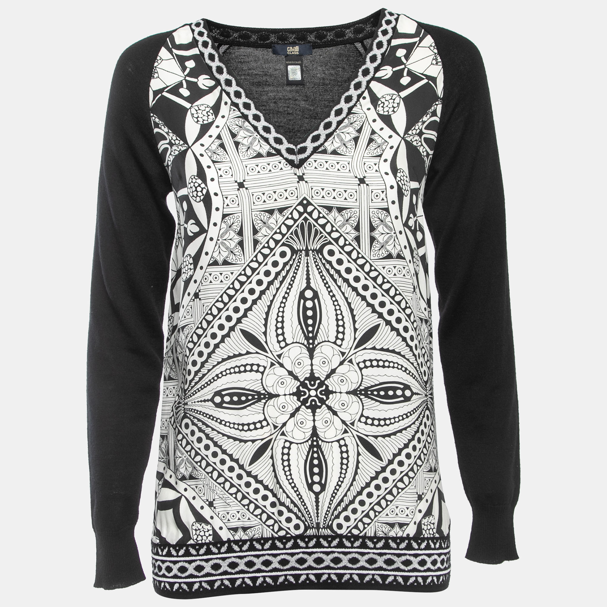 Class by Roberto Cavalli Black Wool & Printed Silk V-Neck Sweater S