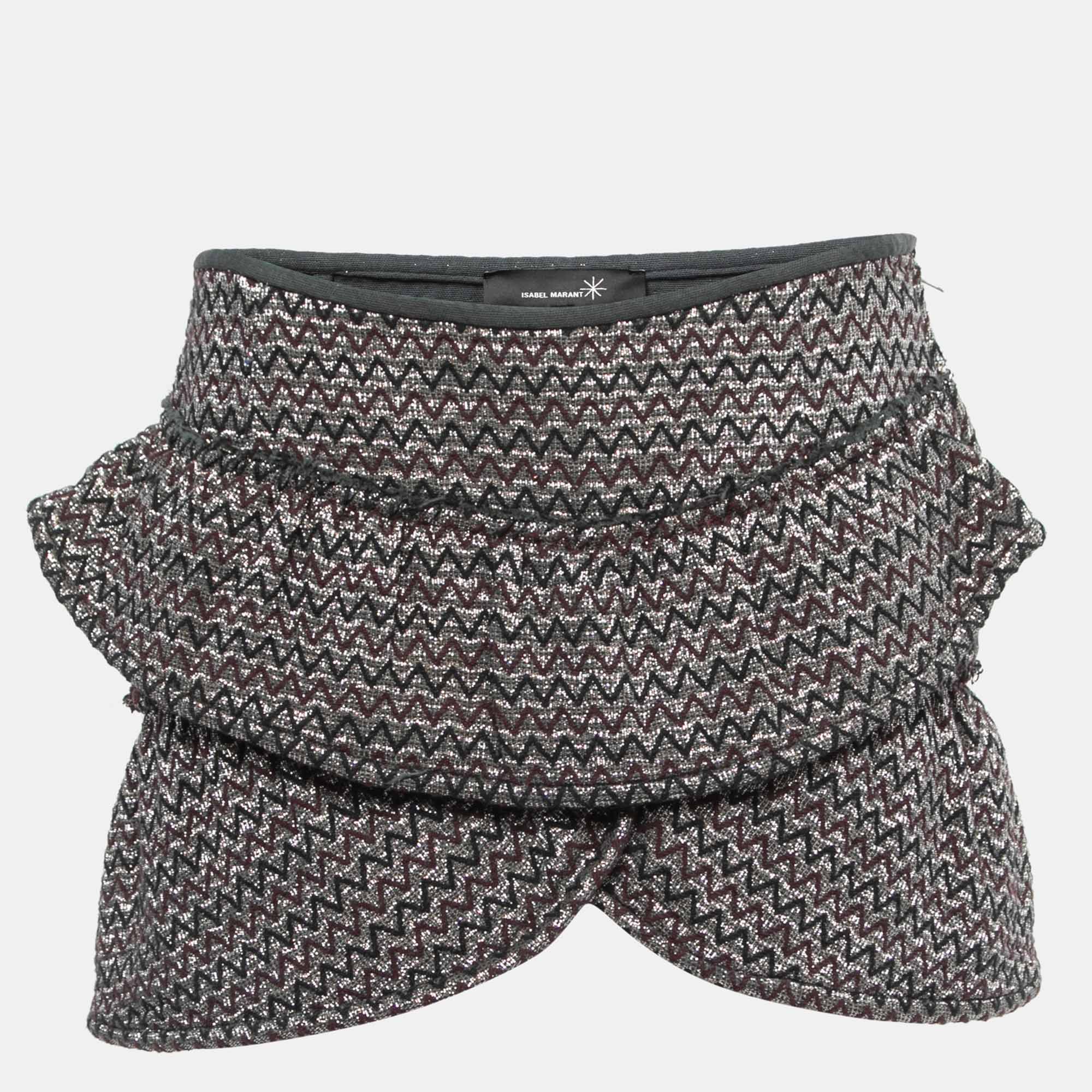 Isabel Marant Silver Zig-Zag Patterned Lurex Knit Mini Skirt M