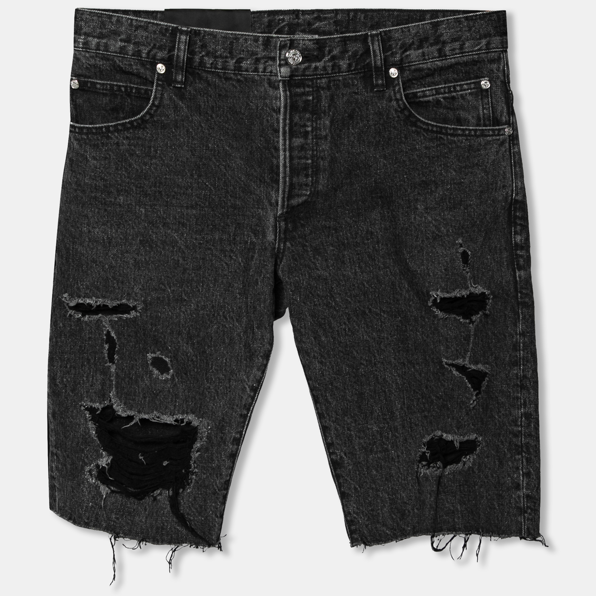Balmain Grey Distressed Denim Logo Embroidered Shorts M