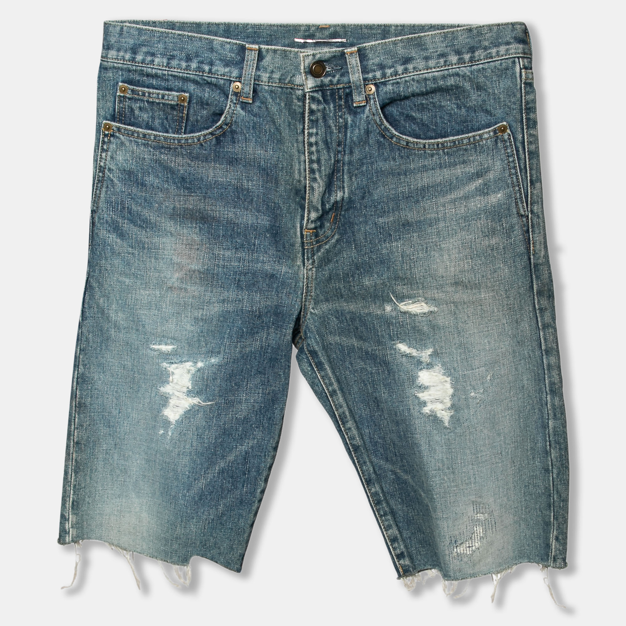 Saint Laurent Blue Distressed Denim Capri Shorts S Saint Laurent Paris