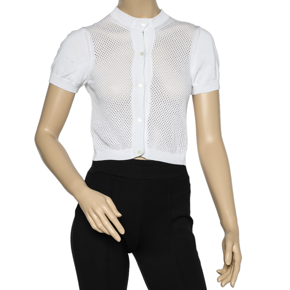 Max Mara Studio White Perforated Cotton Knit Cropped Cardigan L