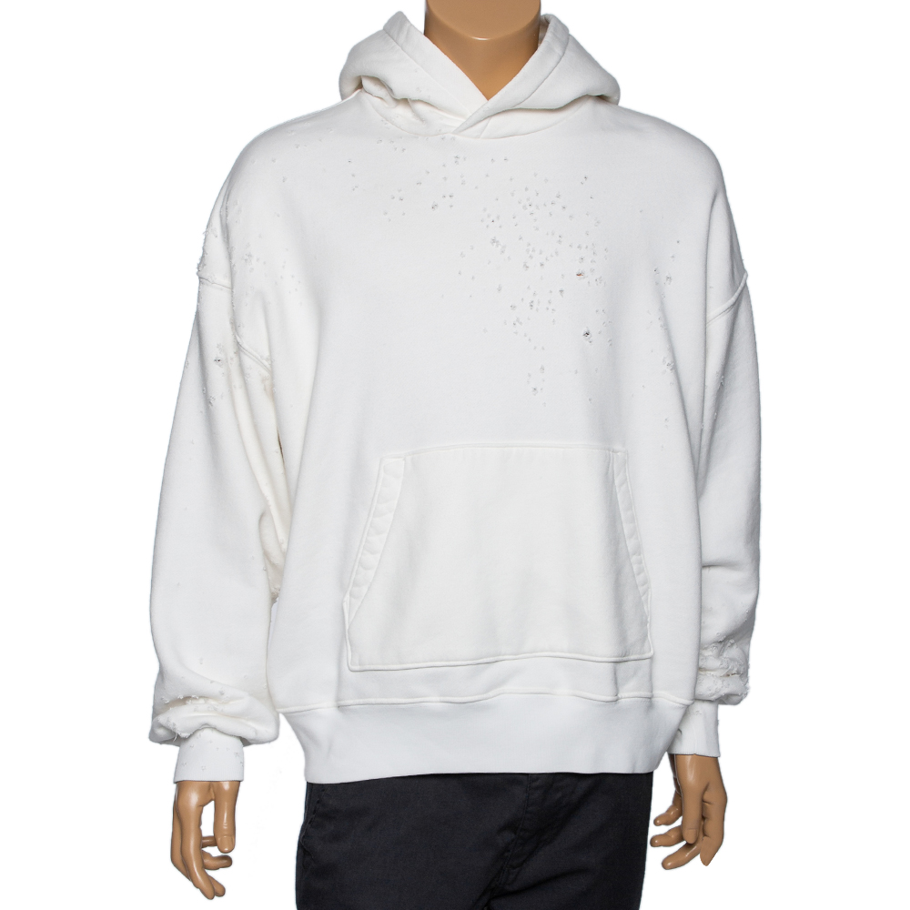 Amiri White Distressed Cotton Long Sleeve Oversized Hoodie S