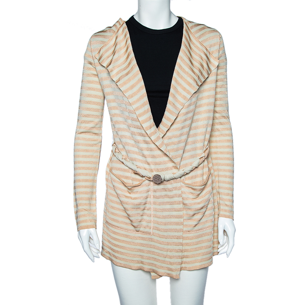 Emporio Armani Beige Striped Knit Belted Cardigan S