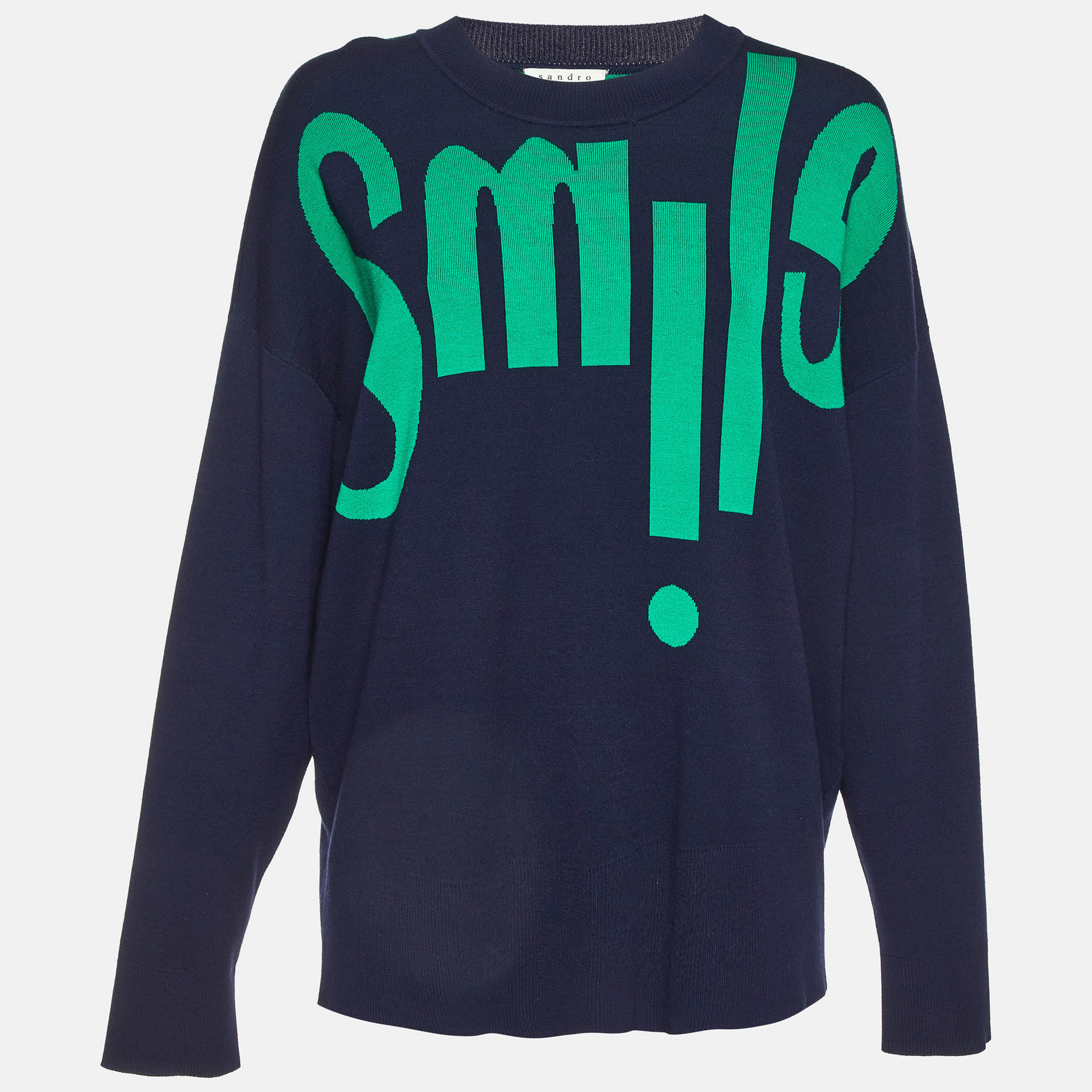 Sandro Blue/Green Smile Intarsia Knit Crewneck Sweater L