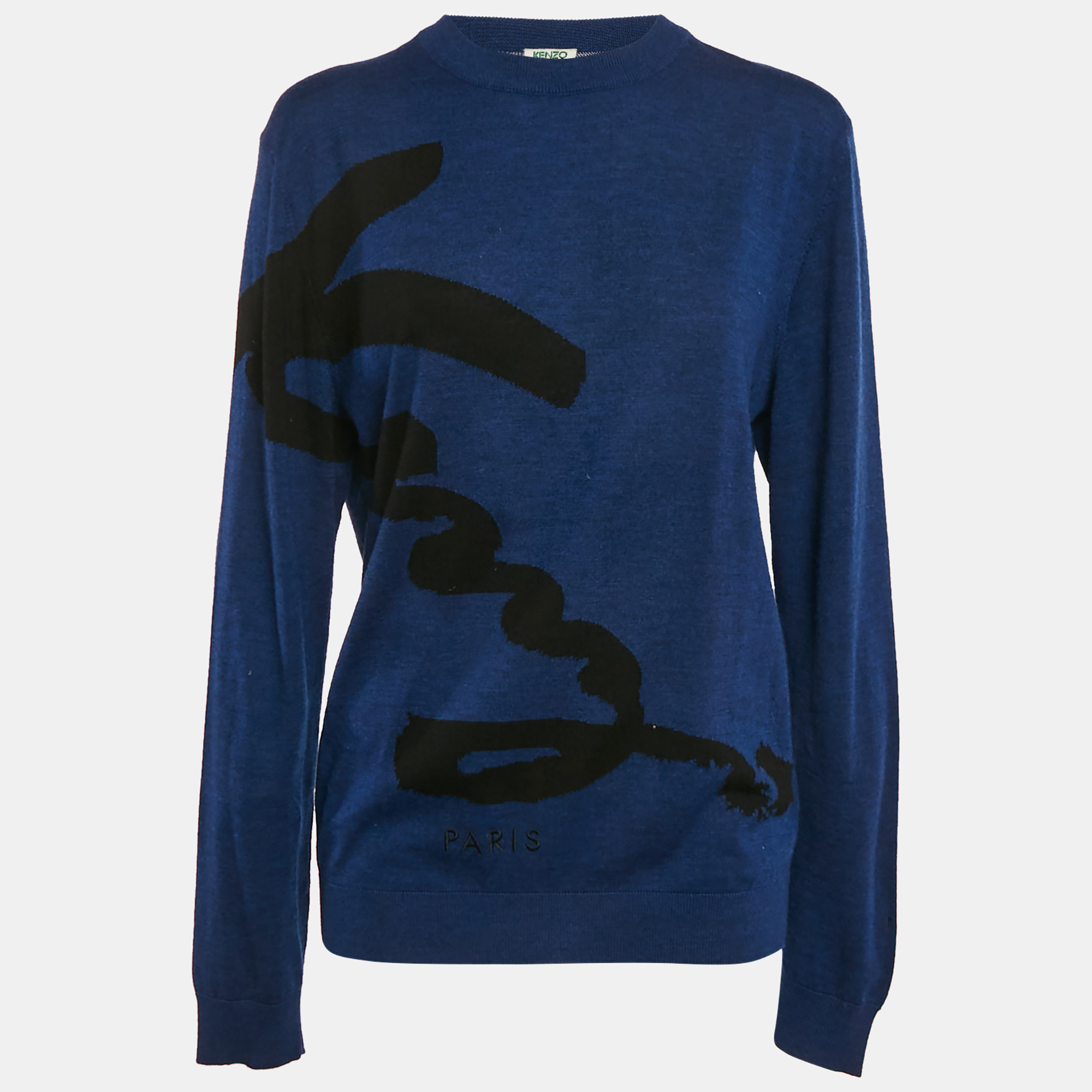 Kenzo Blue Logo Intarsia Wool Knit Crewneck Sweater M