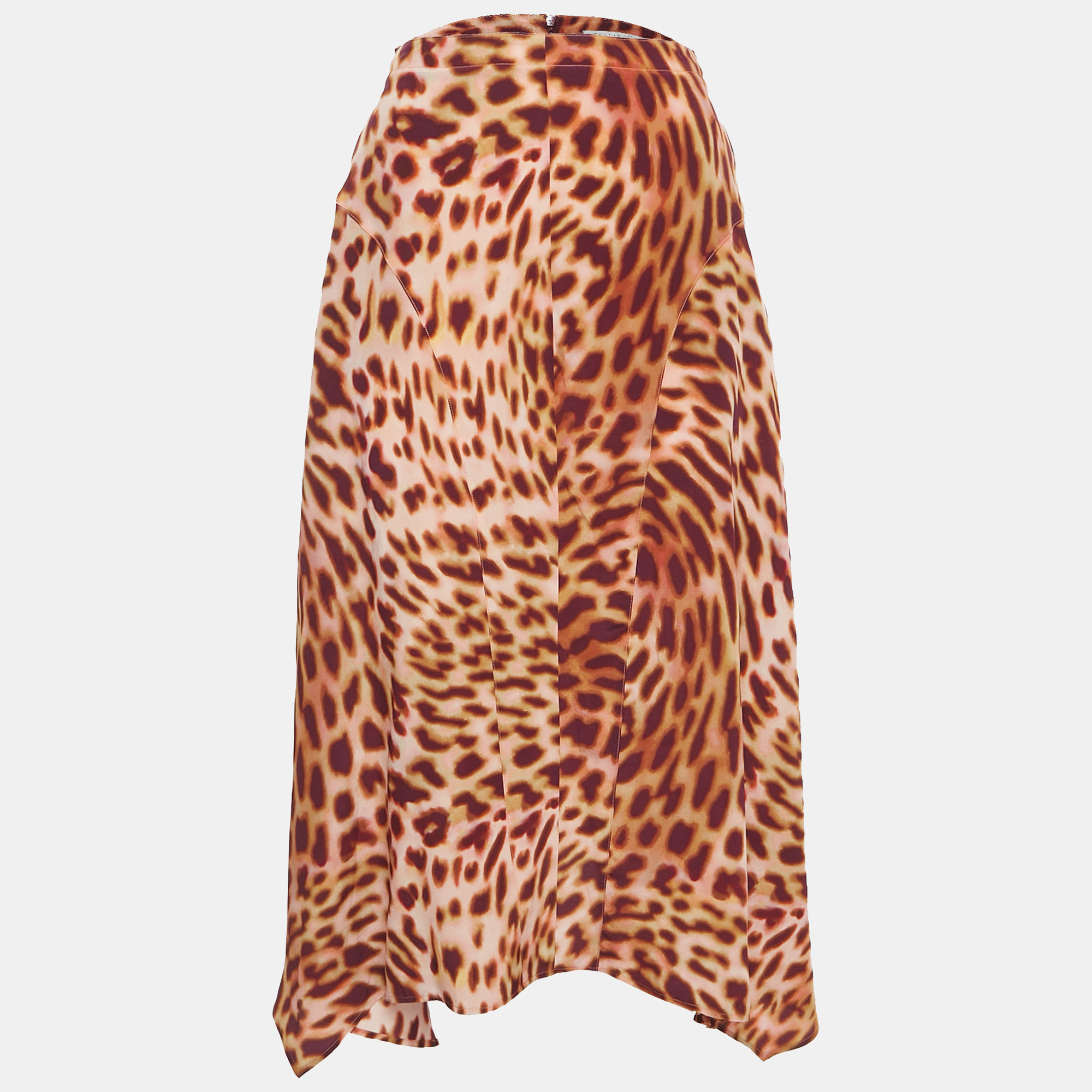 Stella McCartney Pink/Brown Leopard Print Silk Flared Midi Skirt XS