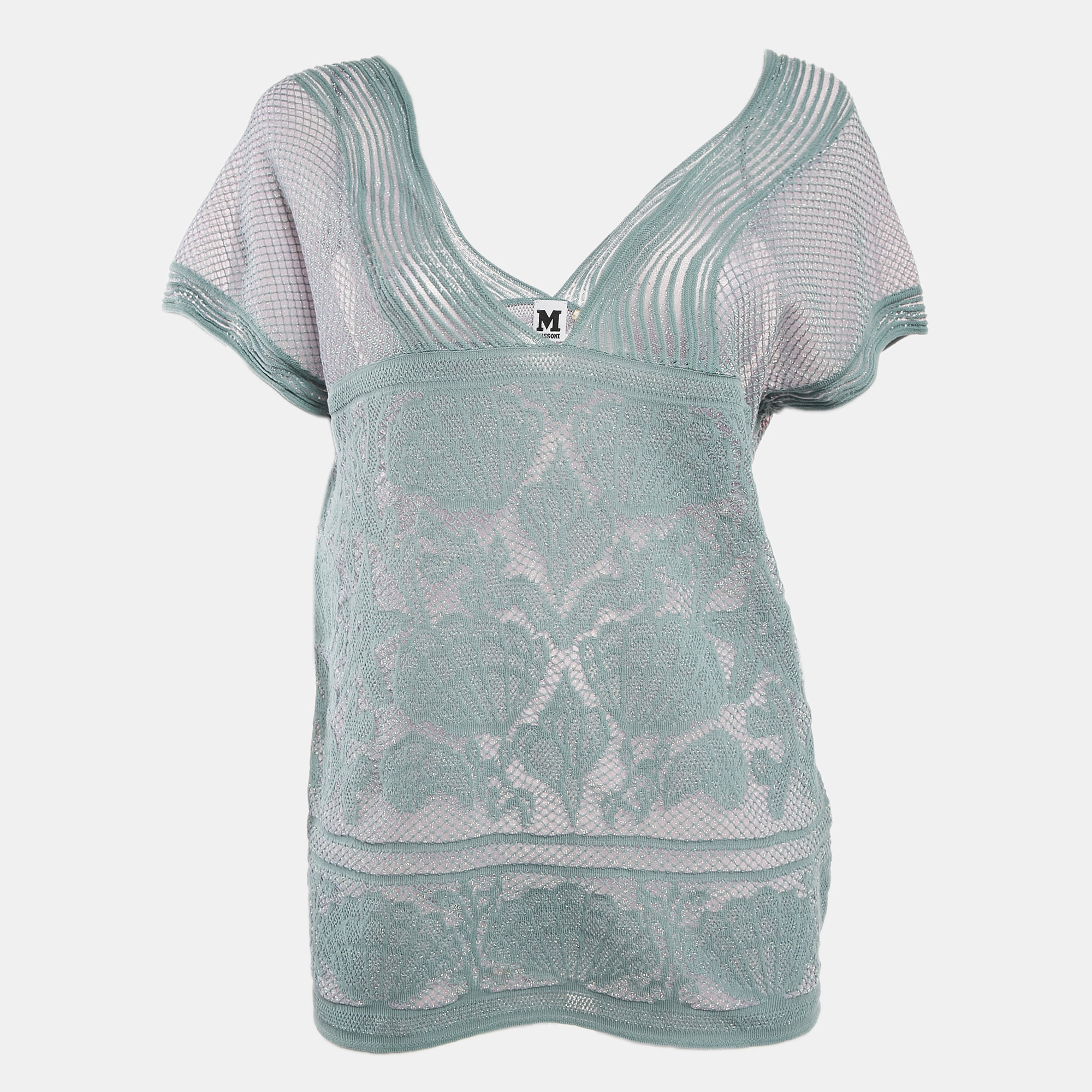 M Missoni Ice Blue Lurex Textured Knit V-Neck Top M
