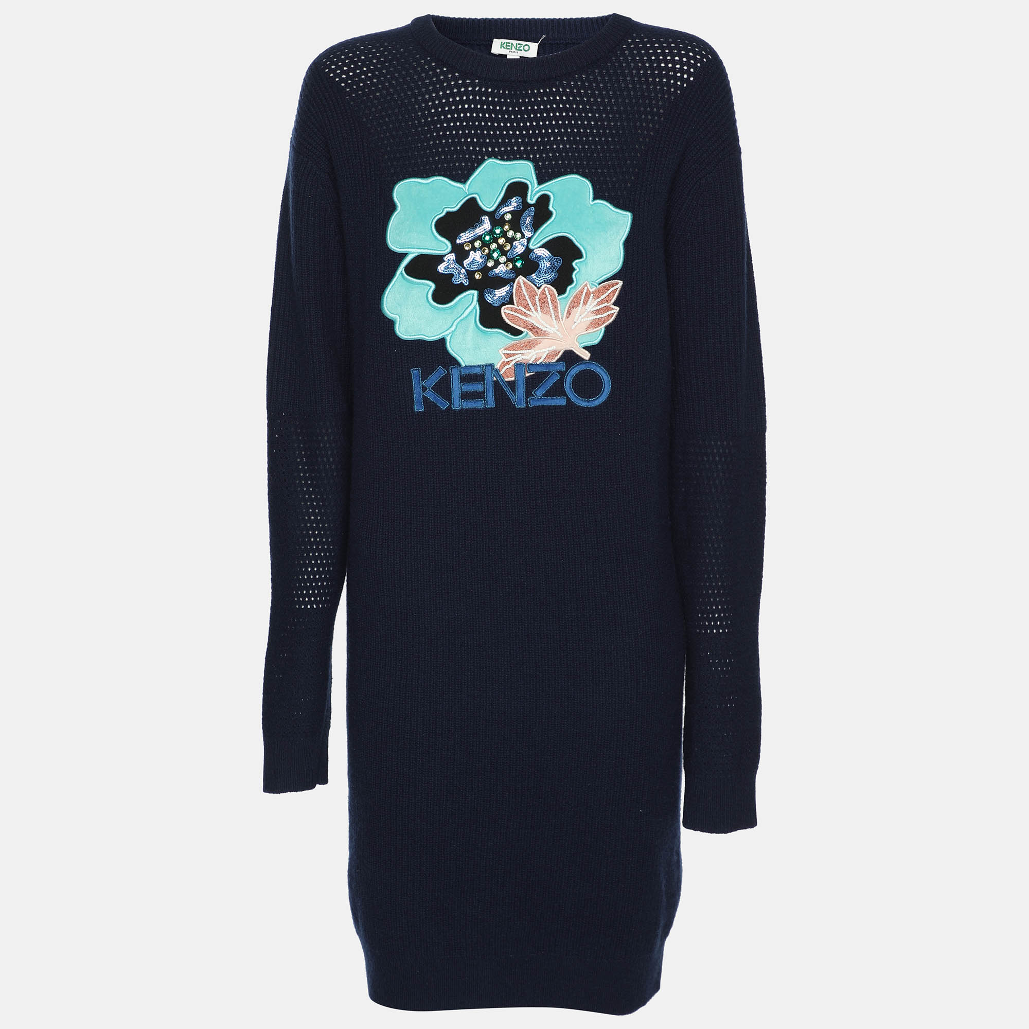 Kenzo Navy Blue Wool Knit Logo Embellished Sweater S