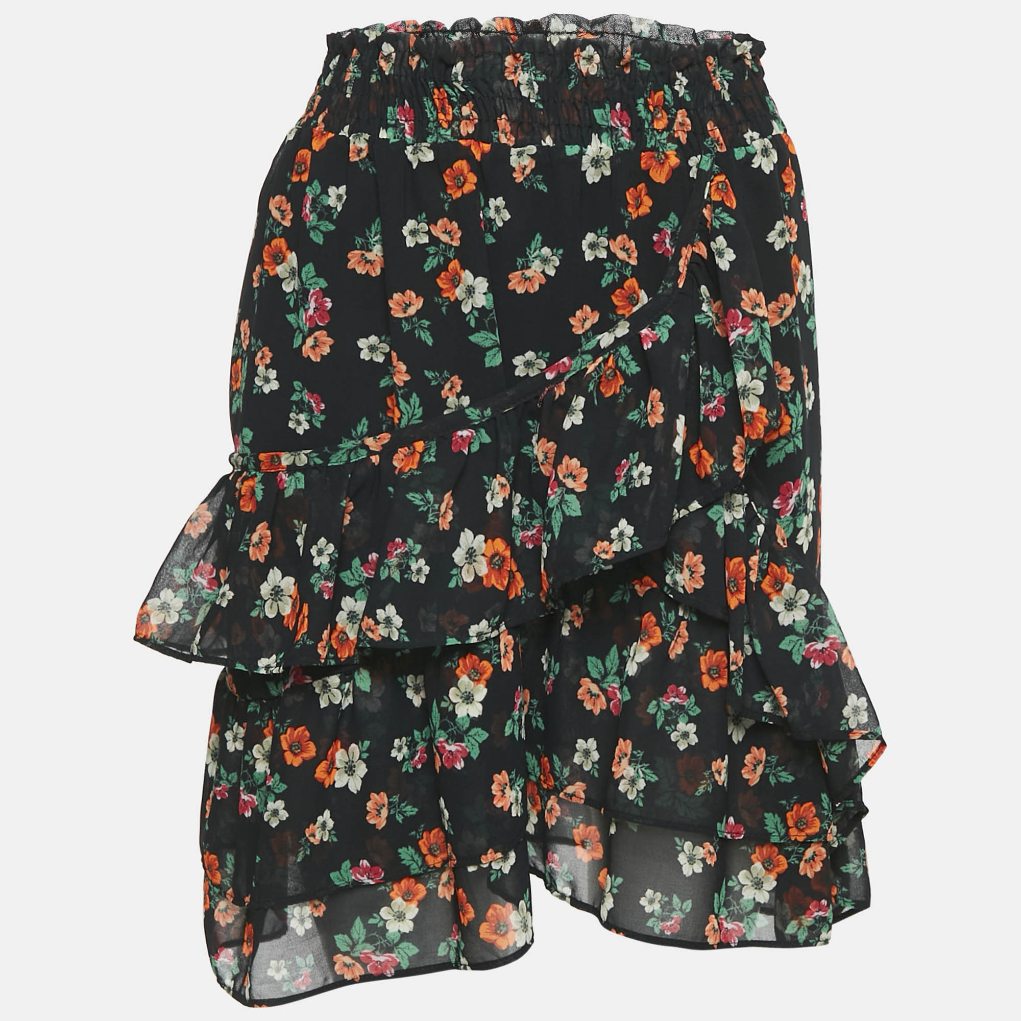 Maje Black Floral Print Ruffled Jupe Imprime Mini Skirt L