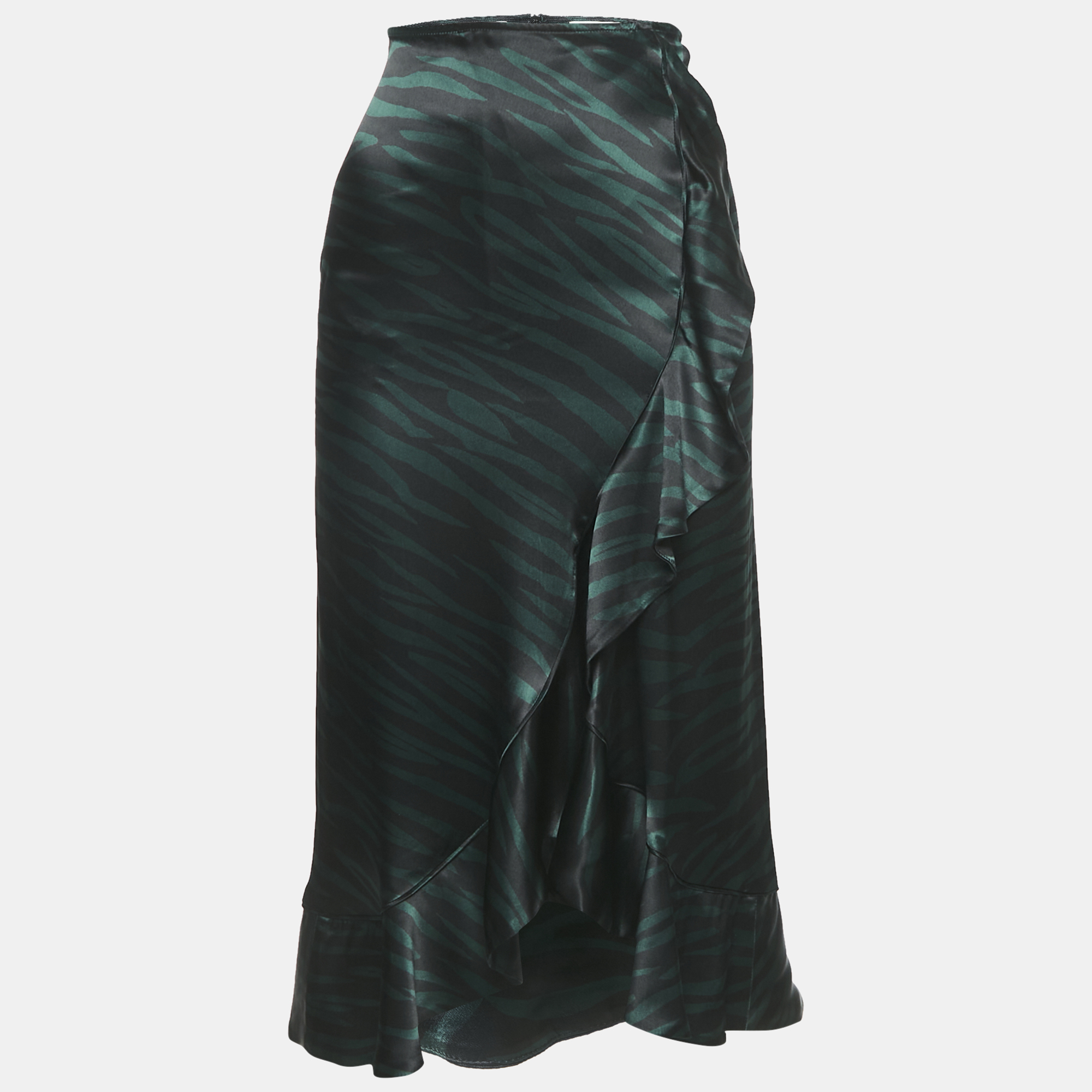 Ganni Black/Green Animal Print Satin Ruffled Midi Skirt XS