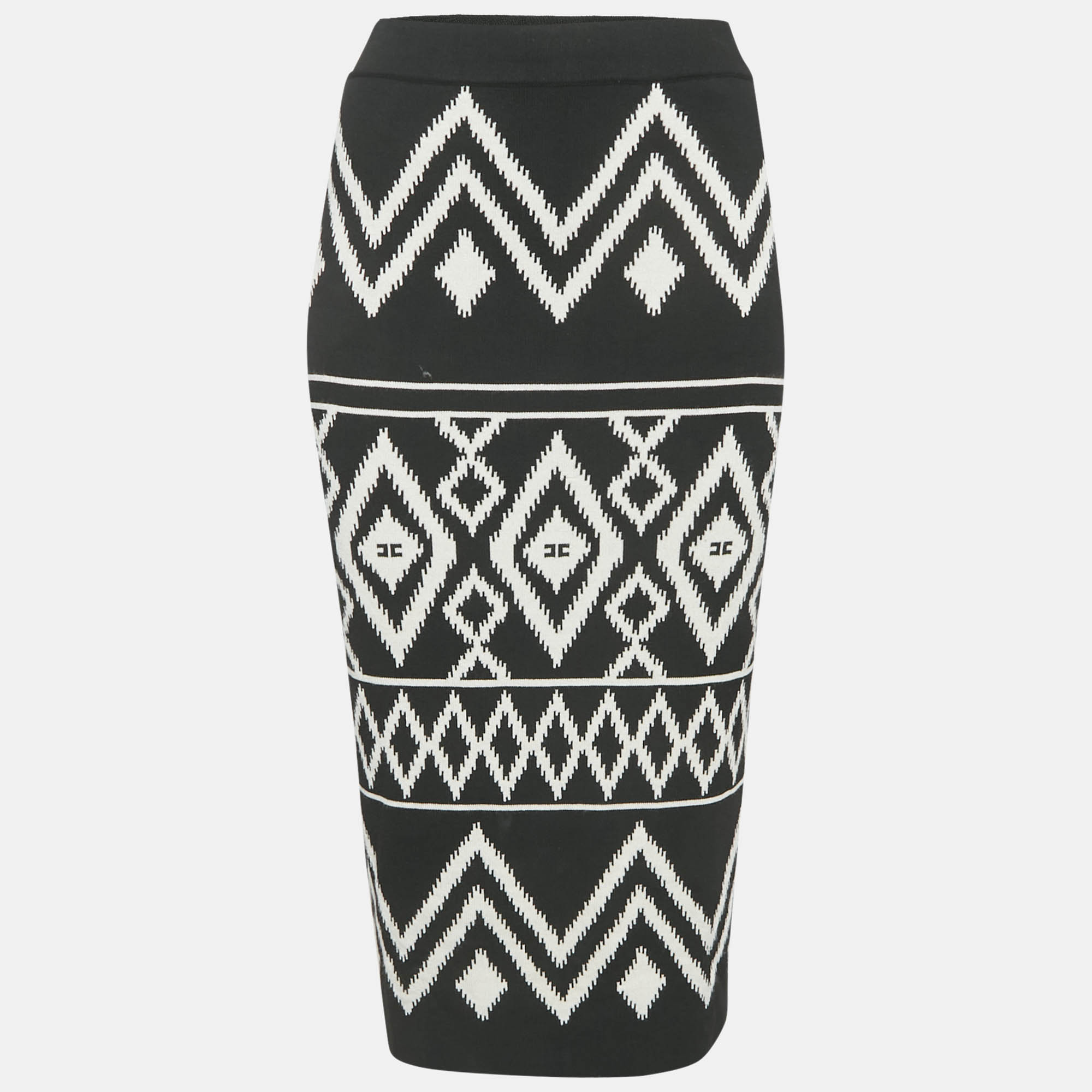 Elisabetta Franchi Black Tribal Intarsia Stretch Knit Midi Skirt L