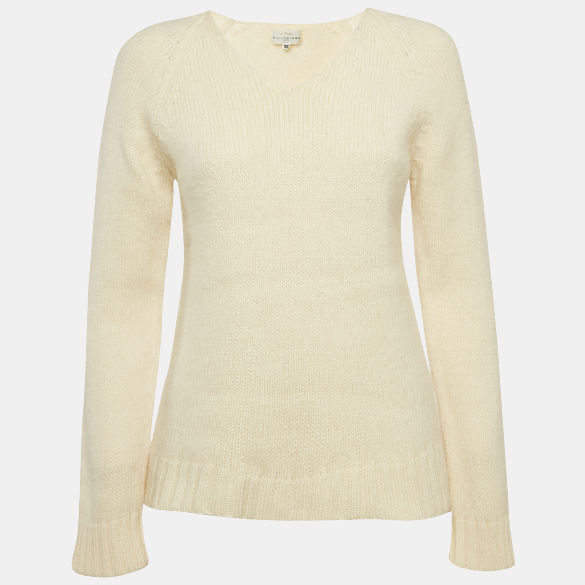 Balenciaga Vintage La Mode Cream Rib Knit V-Neck Sweater M