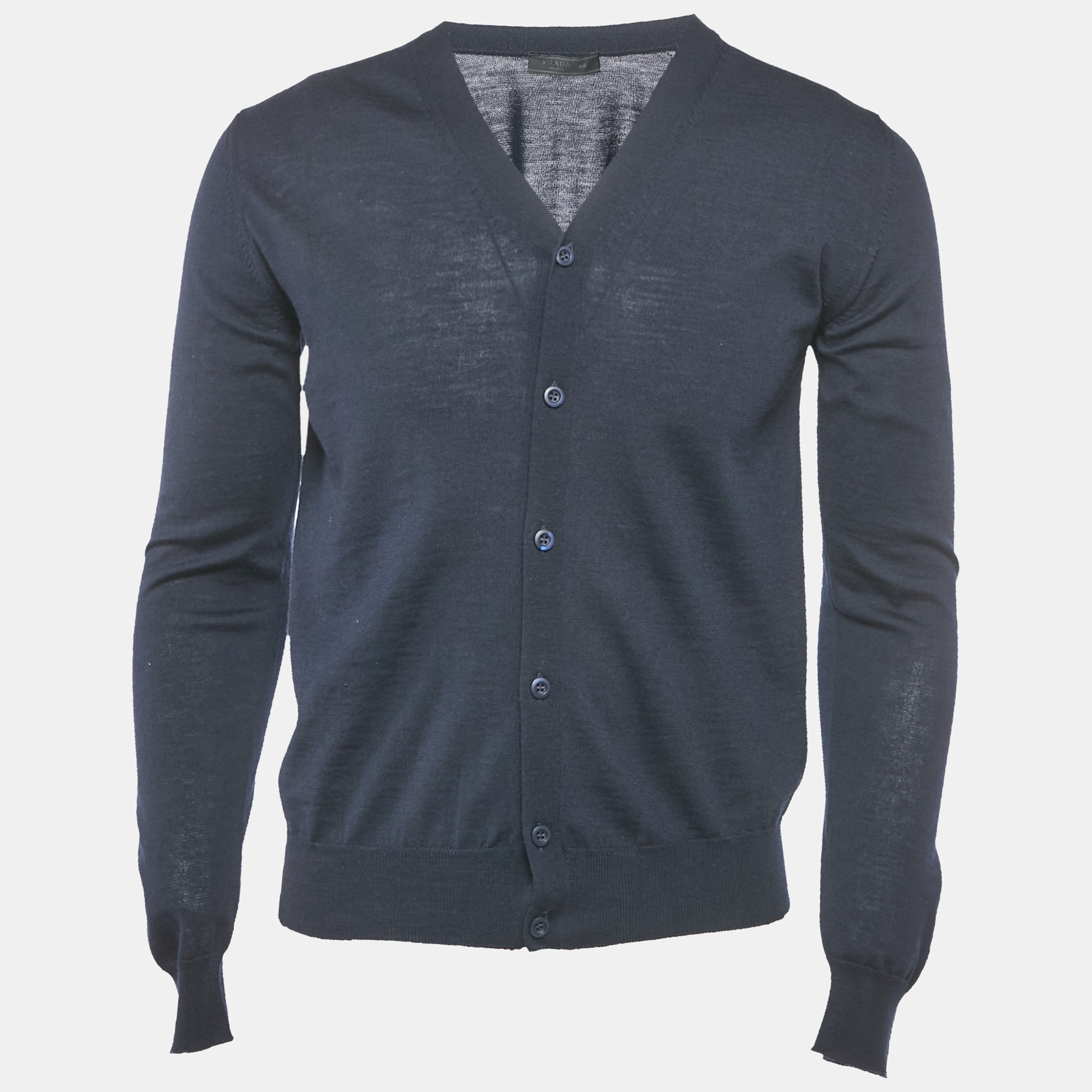 Prada Navy Blue Wool Knit Long Sleeve Cardigan XS