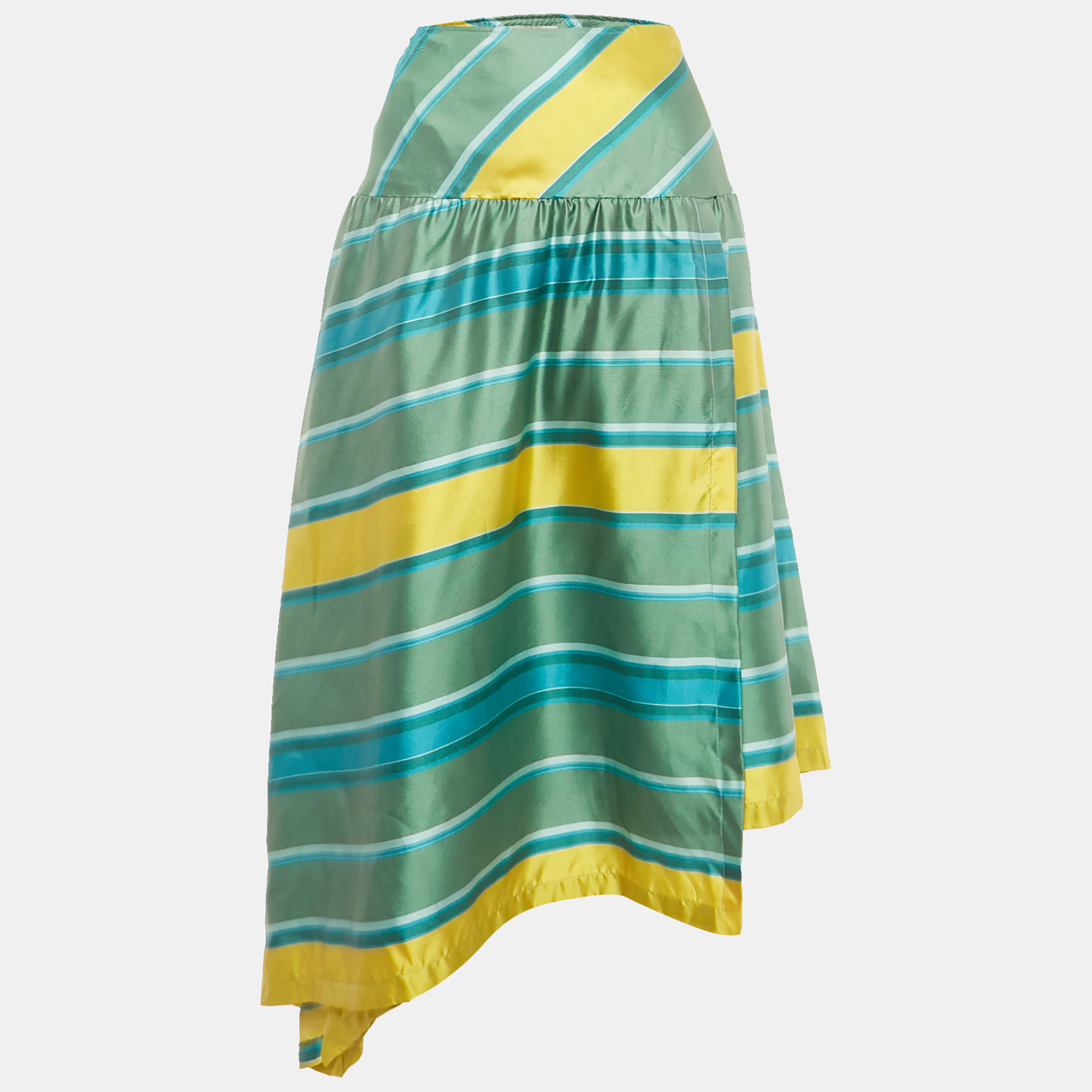 Max Mara Green/Yellow Striped Silk Midi Skirt M