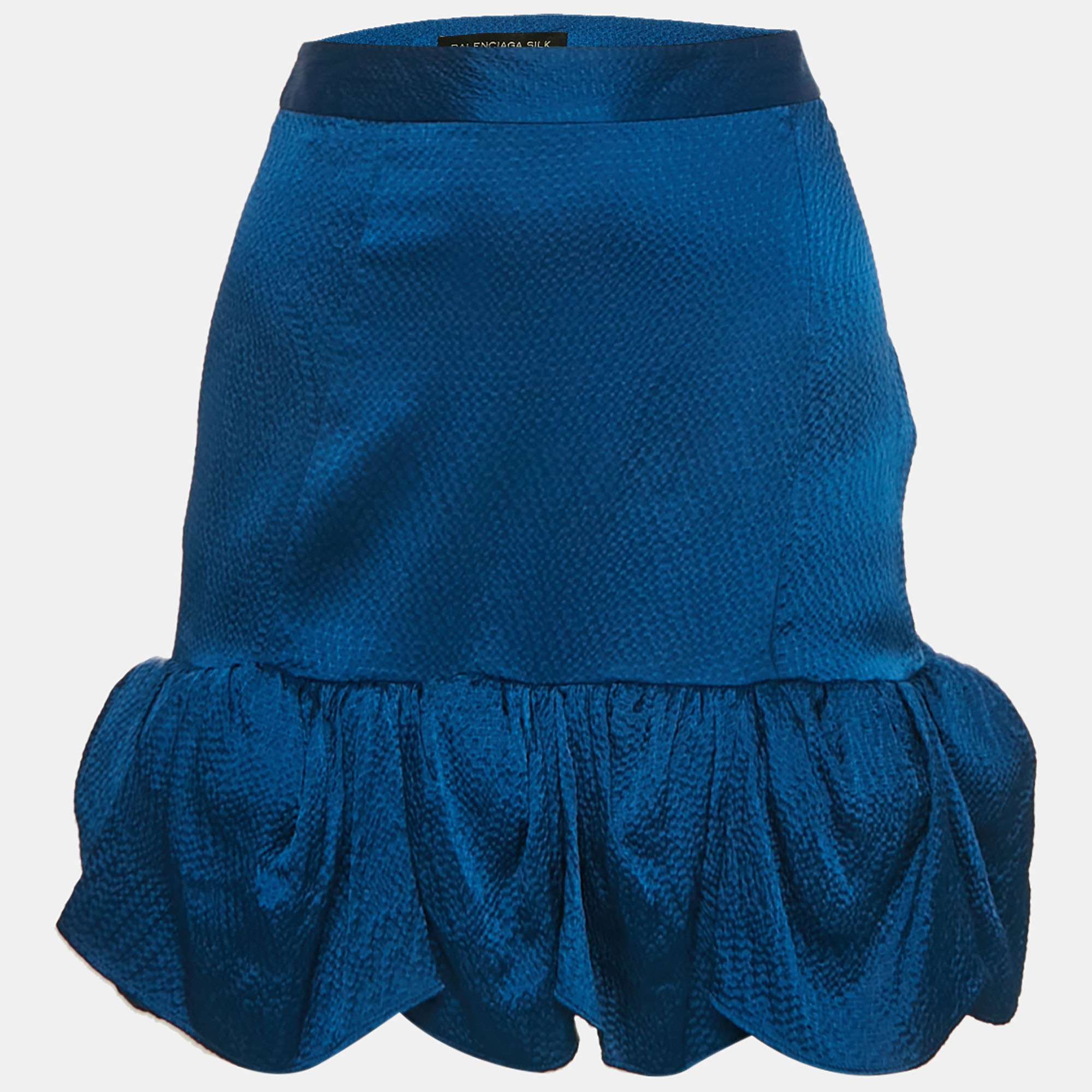 Balenciaga Blue Textured Silk Ruffled Mini Skirt M