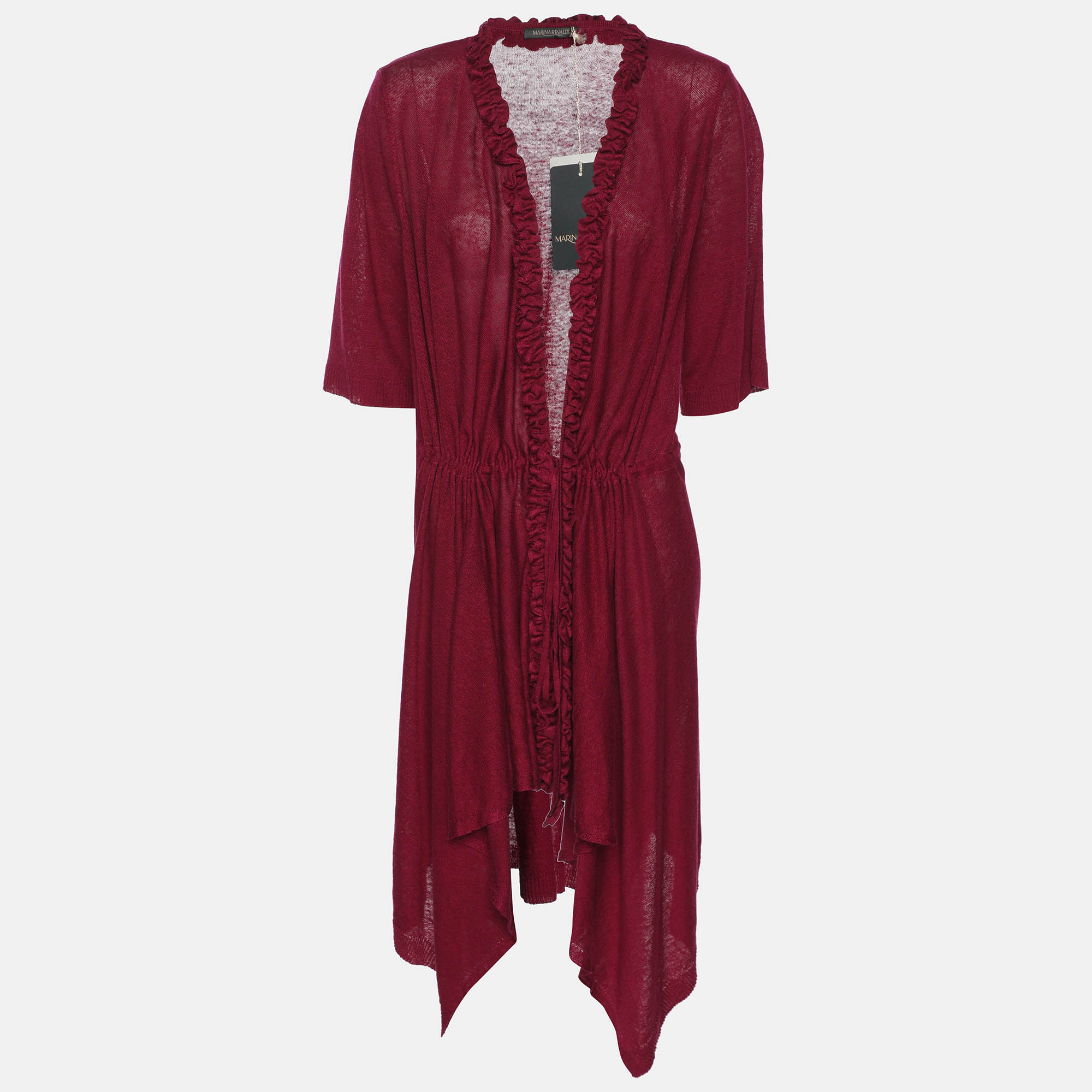 Marina Rinaldi Burgundy Stretch Knit Ruffle Edge Drawstring Cardigan L 424