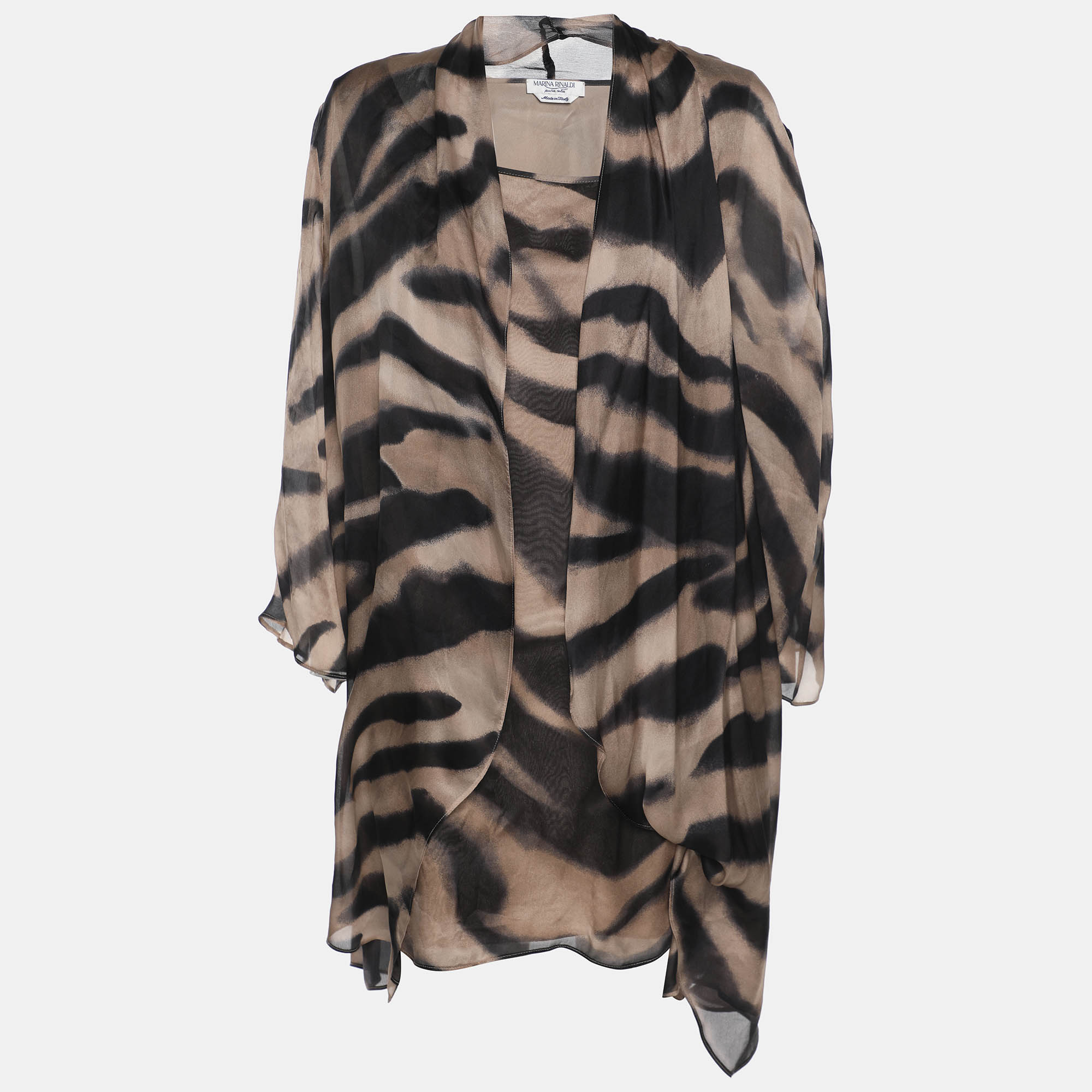 Marina Rinaldi Beige Zebra Print Chiffon Twinset Cardigan L 424