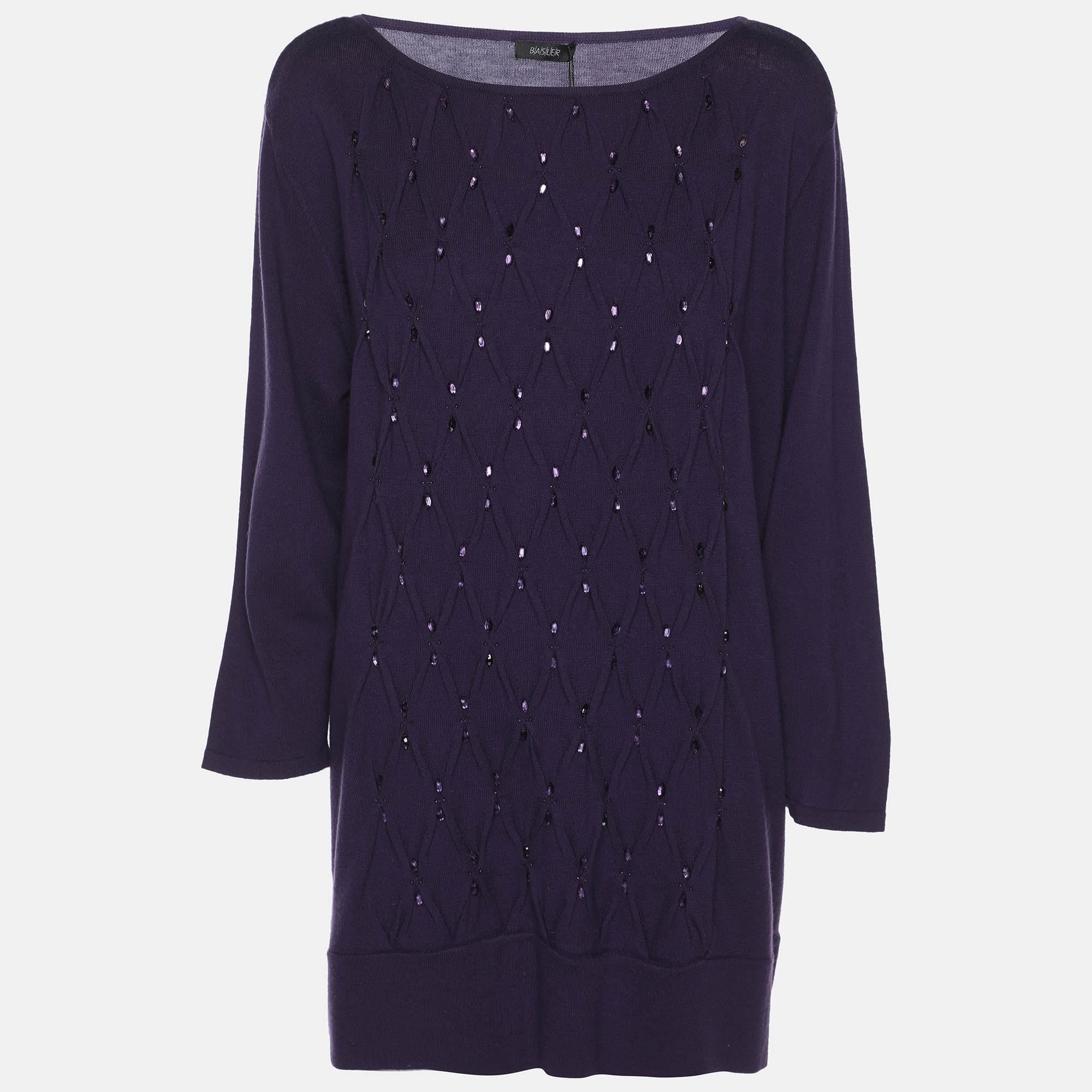Basler Purple Stretch Knit Diamond Crystal Embellished Sweater XL