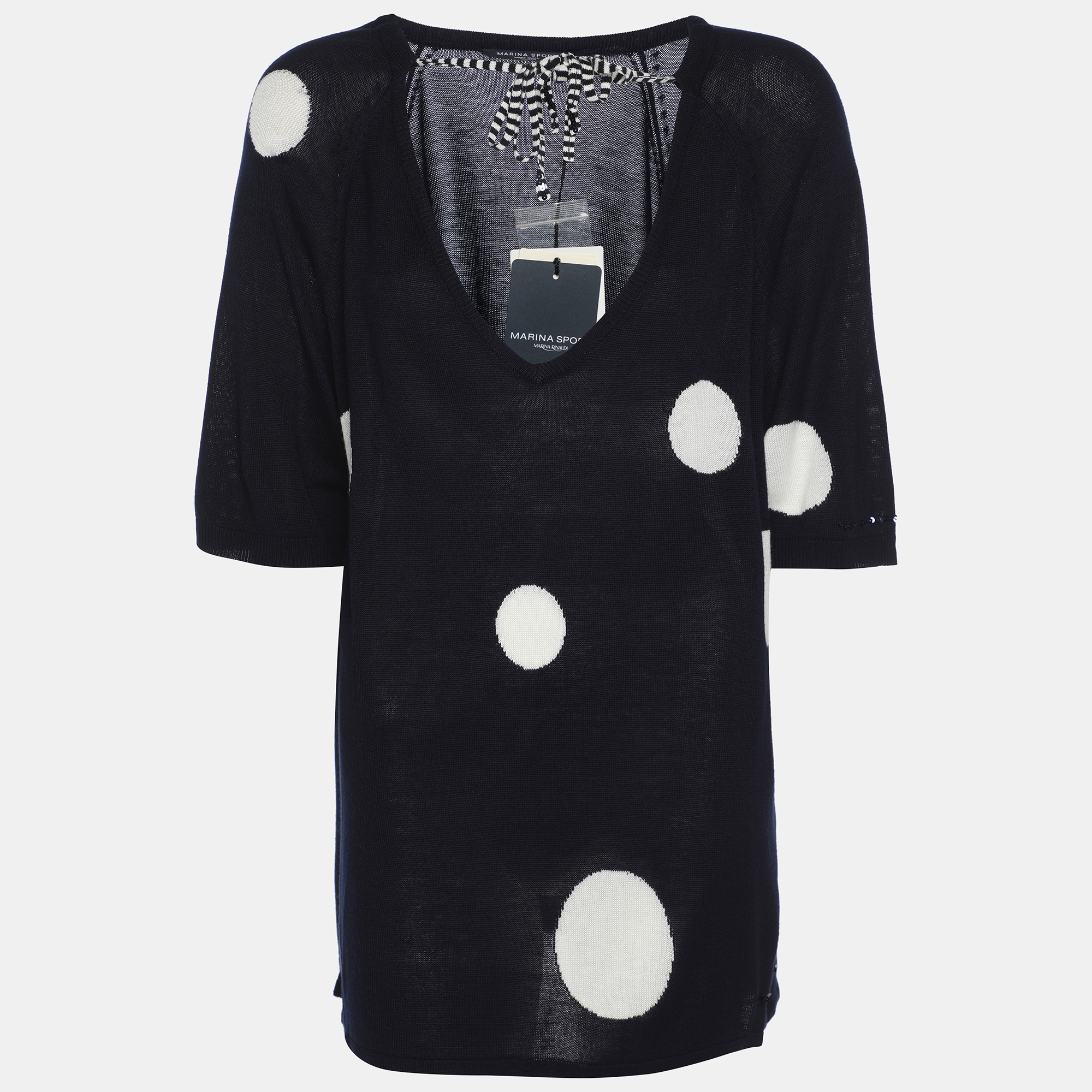 Marina Sport by Marin Rinaldi Navy Blue/White Stretch Knit Polka Dot V Neck Sweater L Marina Rinaldi