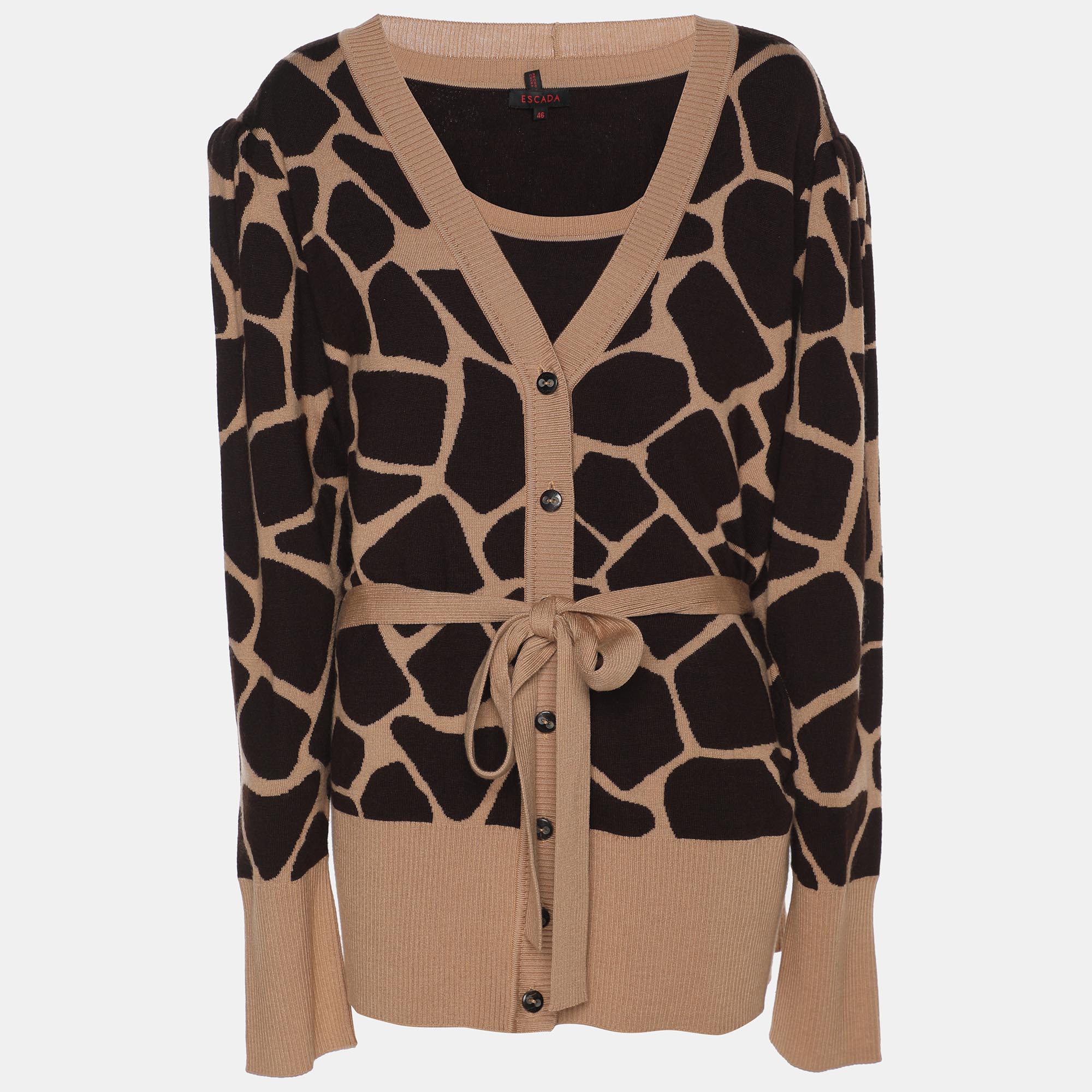 Escada Brown Printed Knit Button Front Sweater XL