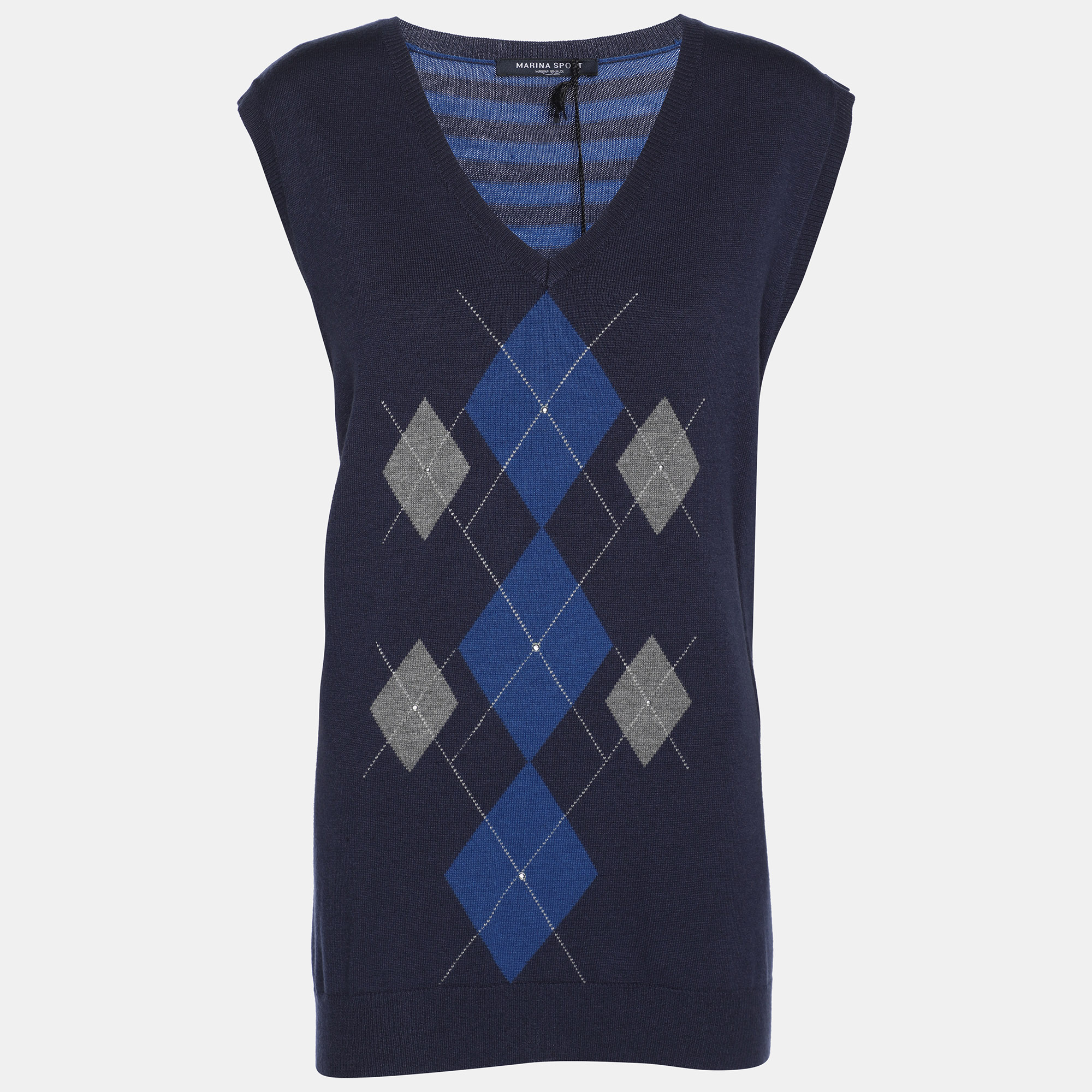 Marina Sport by Marina Rinaldi Blue Striped Knit Half Sleeve Sweater L