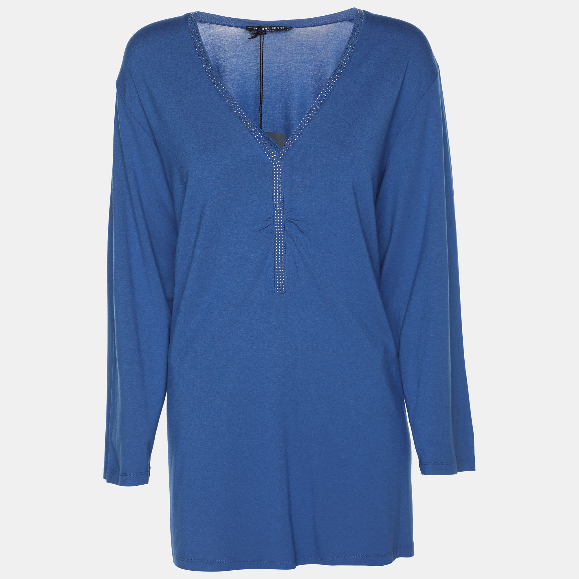 Marina Sport by Marina Rinaldi Blue Jersey Crystal Embellished V Neck Sweater L