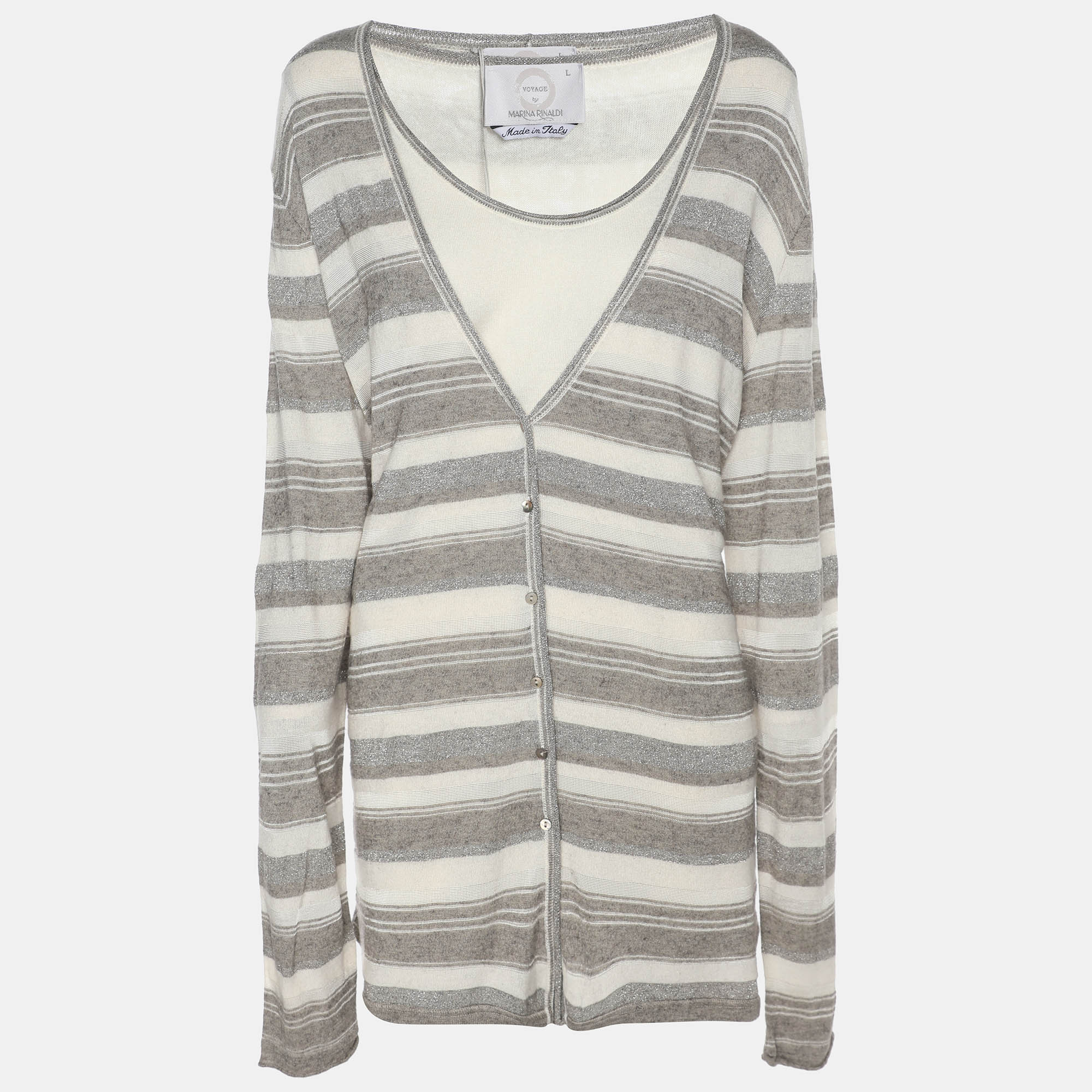Voyage by Marina Rinaldi Grey/Off White Stripe Stretch Knit Cardigan Set L