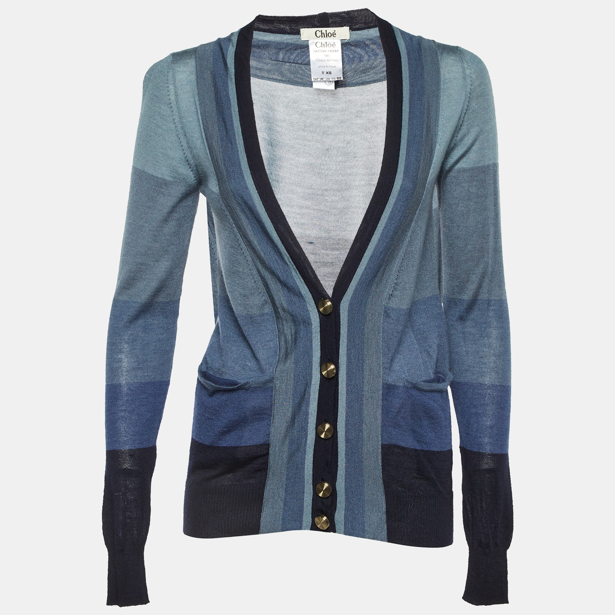 Chloe Grey/Blue Striped Cashmere & Silk Button Front Cardigan XS